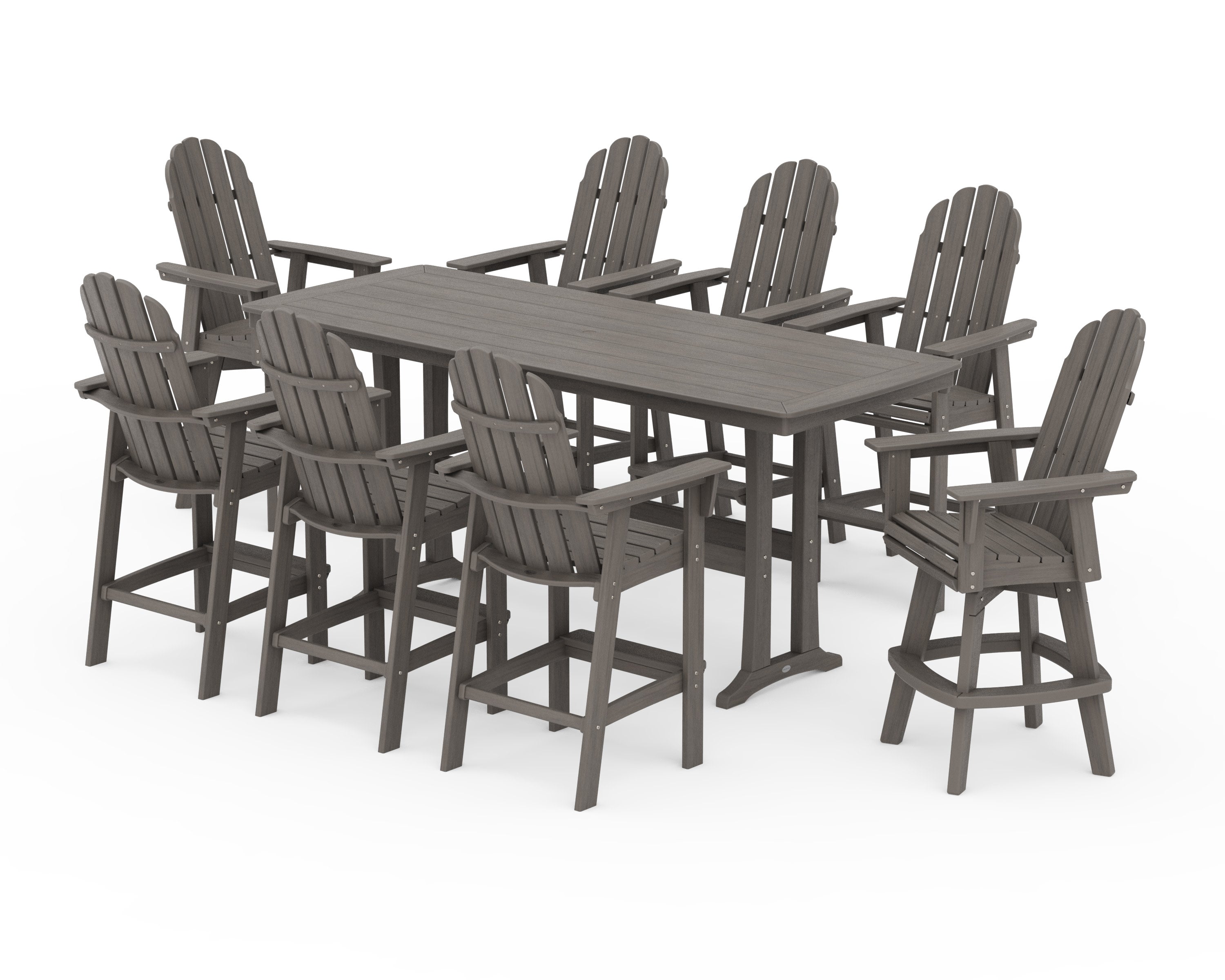 Vineyard Curveback Adirondack Swivel 9-Piece Bar Set with Trestle Legs in Driftwood