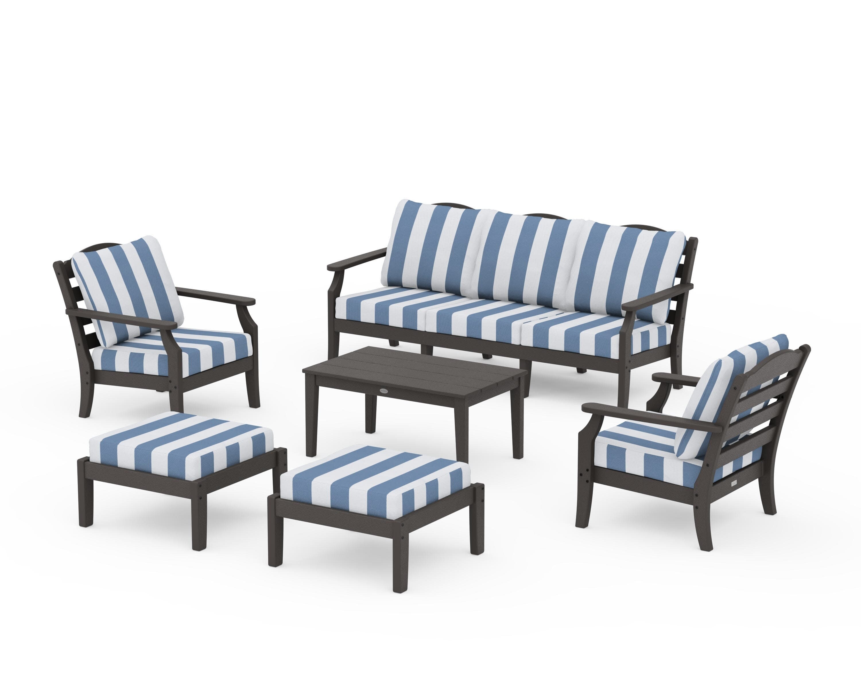 Savannah 6-Piece Lounge Sofa Set in Vintage Coffee / Cabana Stripe Sky Blue