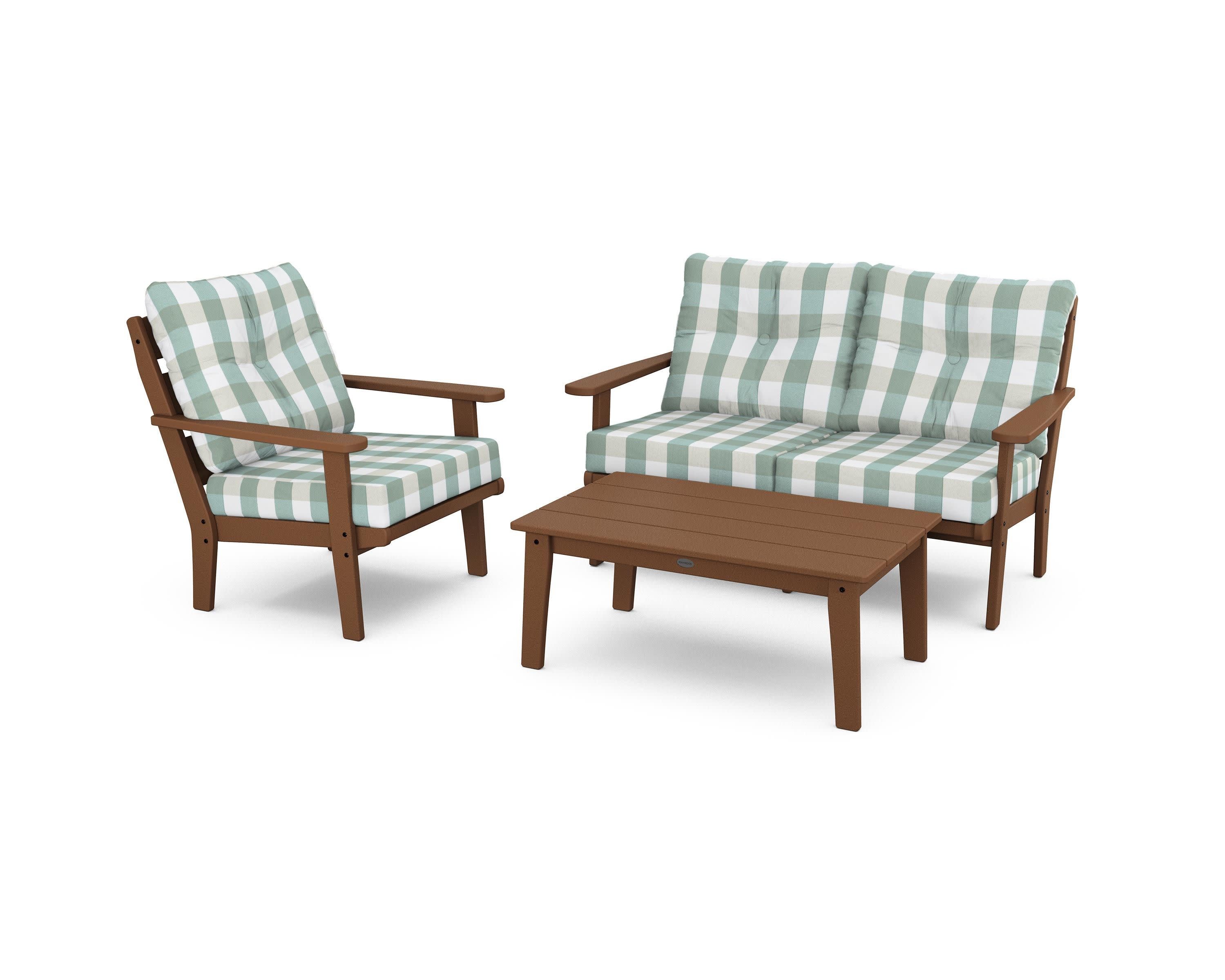 Lakeside 3-Piece Deep Seating Set in Teak / Buffalo Plaid Glacier Spa
