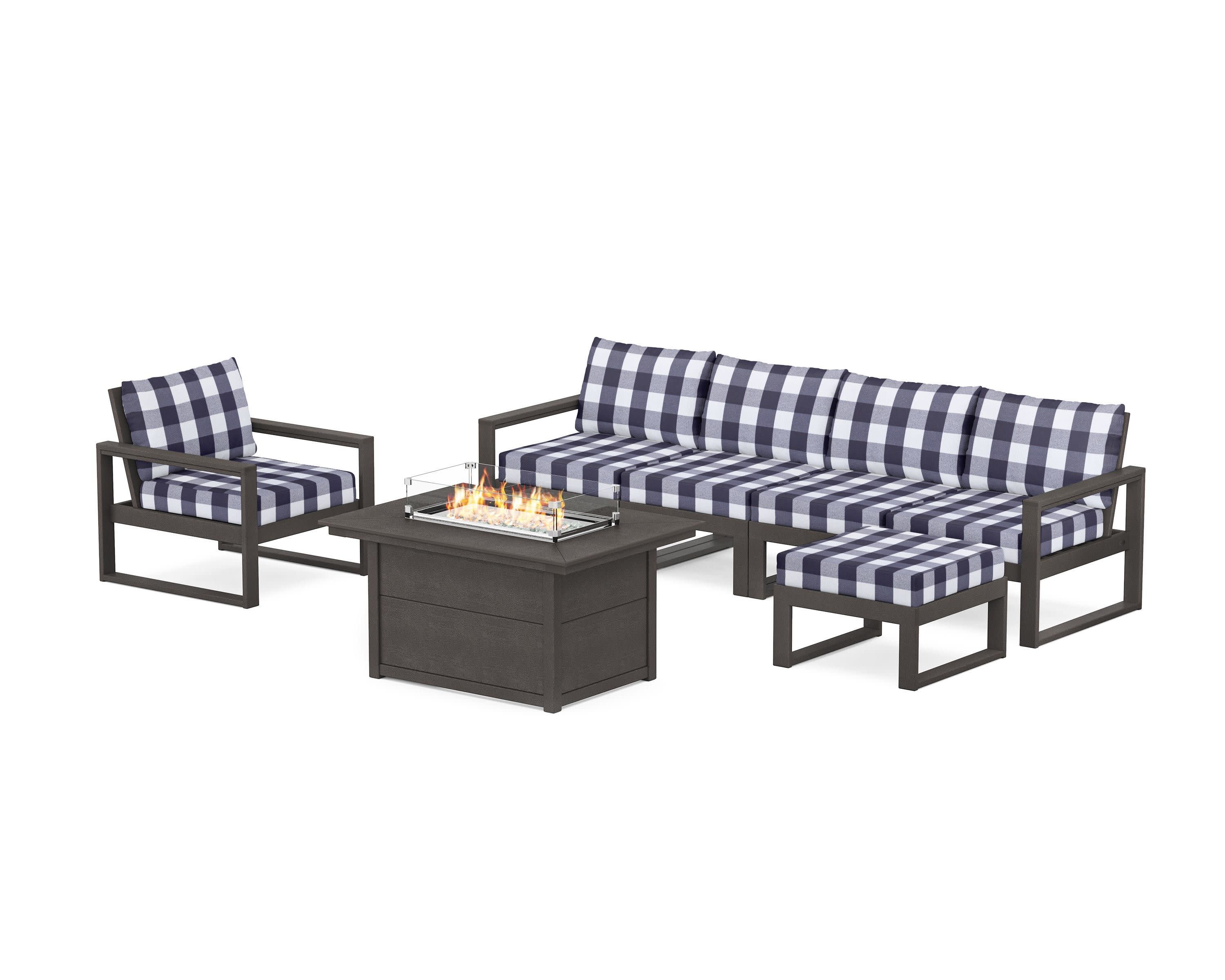 EDGE Sectional Lounge and Fire Pit Set in Vintage Coffee / Buffalo Plaid Navy