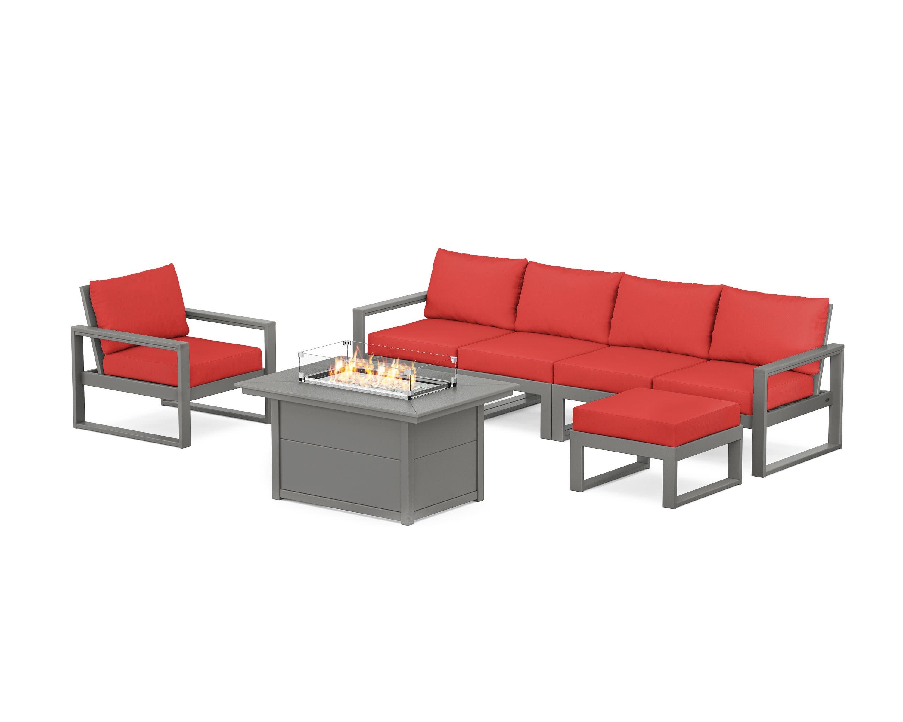 EDGE Sectional Lounge and Fire Pit Set in Slate Grey / Crimson Linen