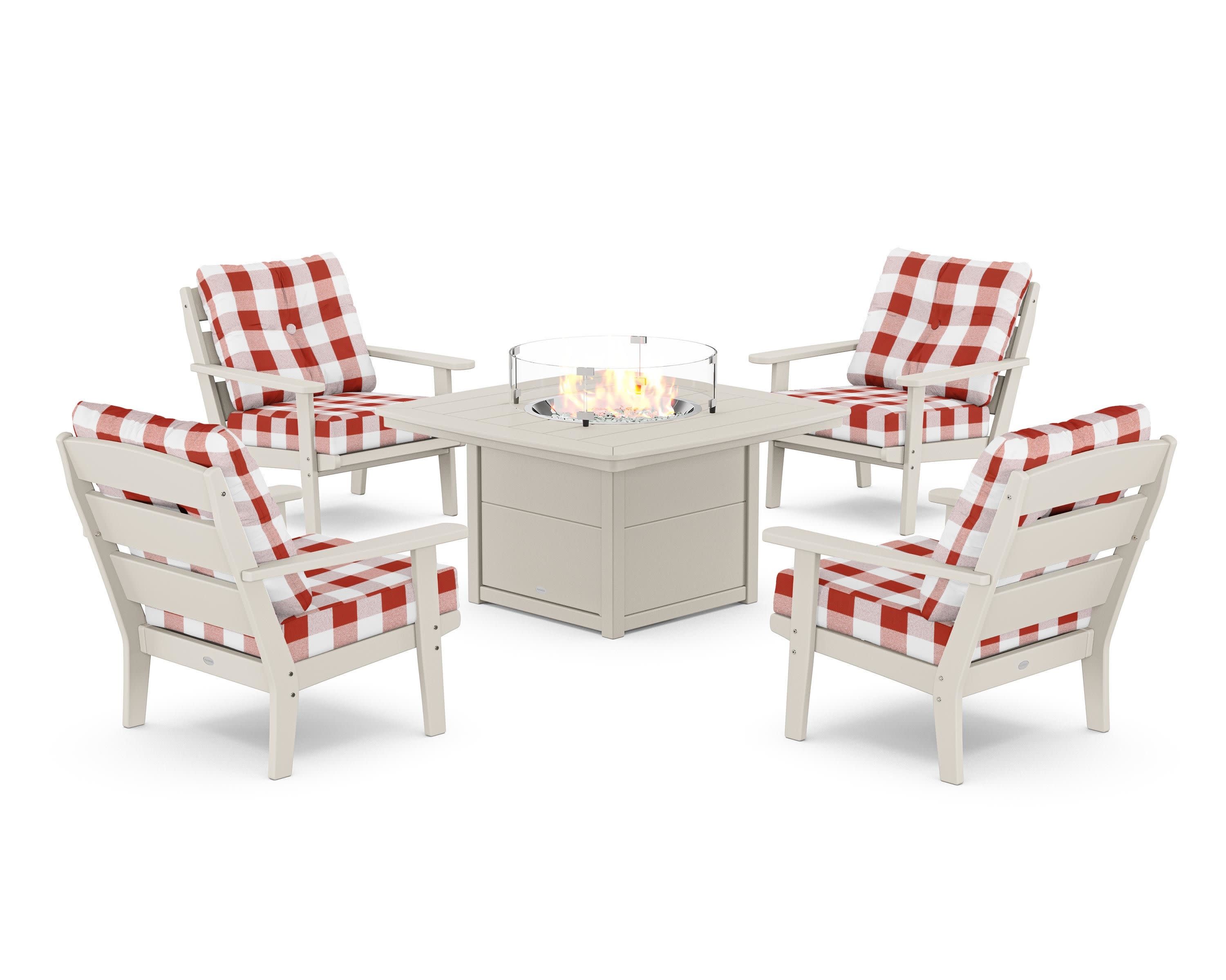Lakeside 5-Piece Deep Seating Set with Nautical Fire Pit Table in Sand / Buffalo Plaid Crimson