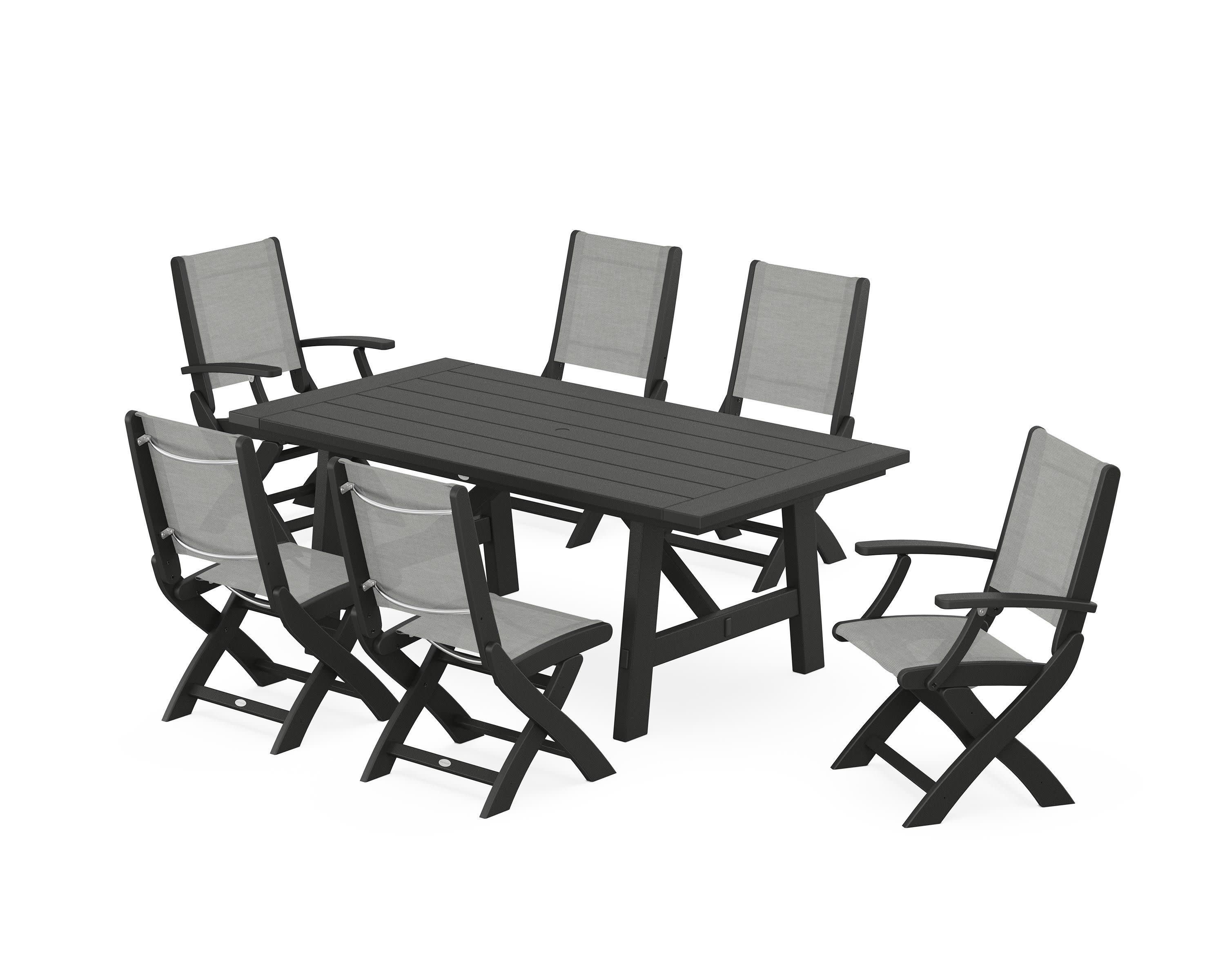 Coastal Folding Chair 7-Piece Rustic Farmhouse Dining Set in Black / Metallic Sling