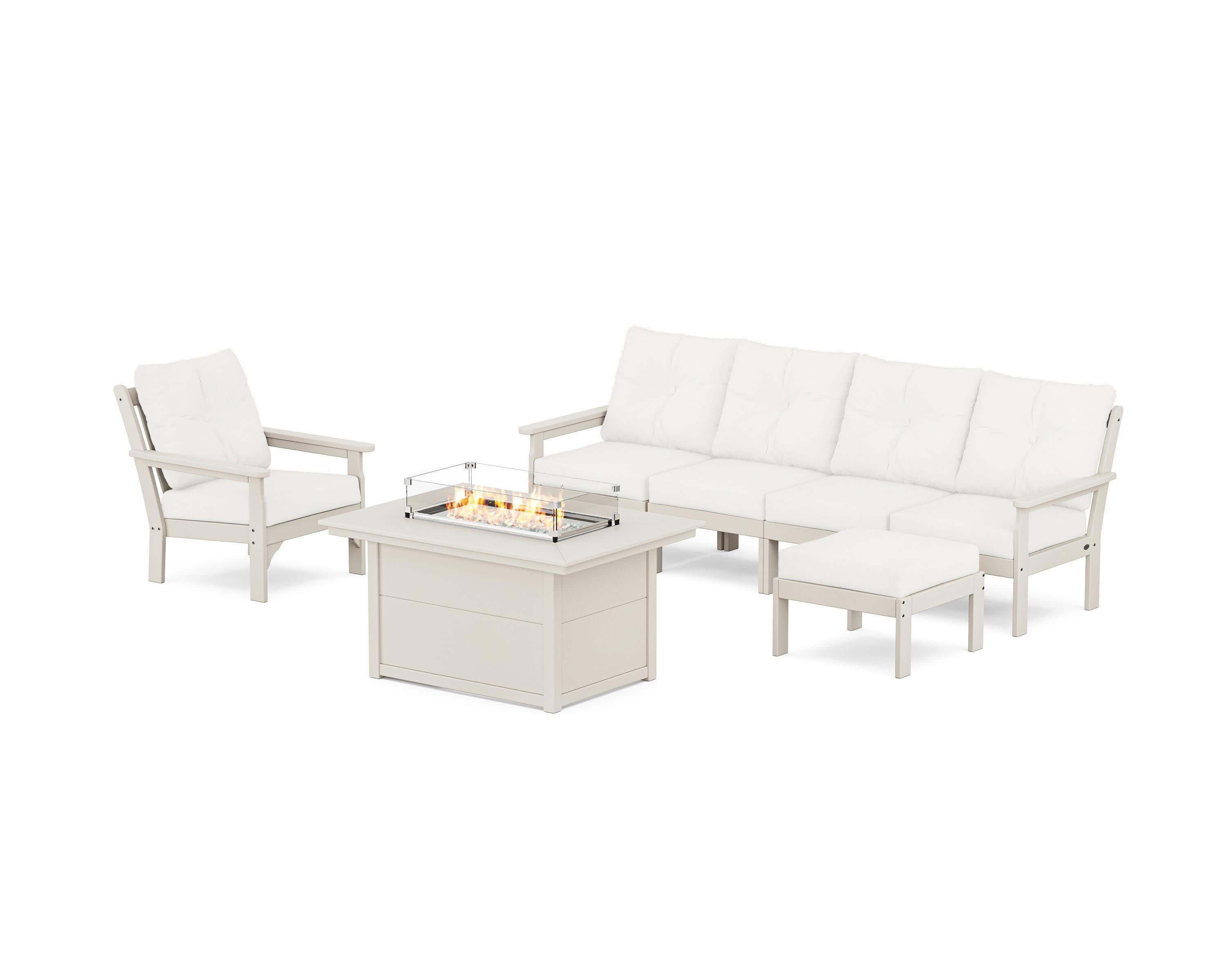 Vineyard Sectional Lounge and Fire Pit Set in Sand / Natural Linen