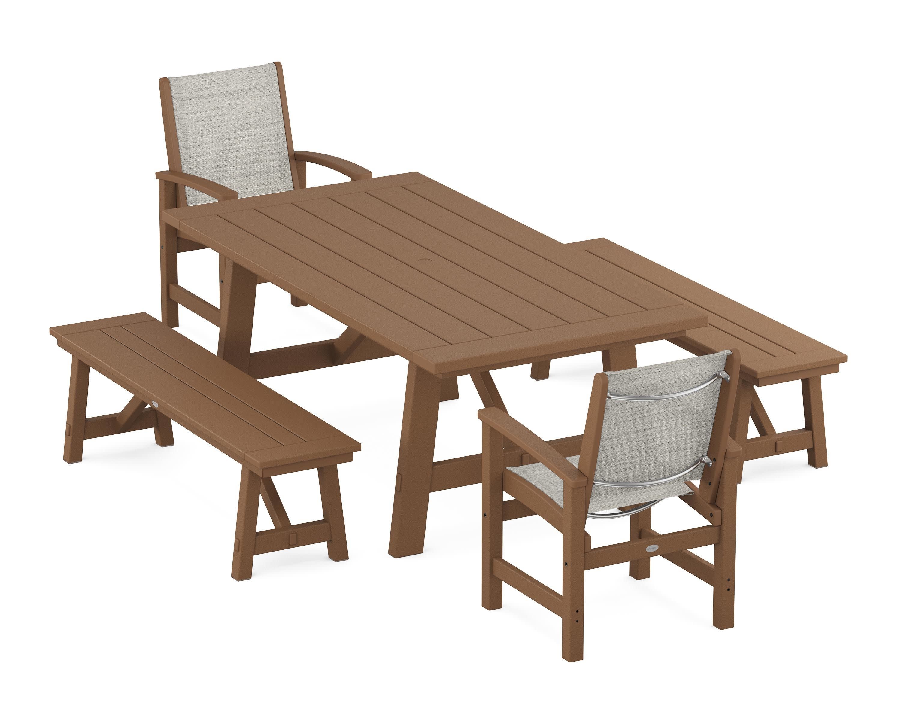 Coastal 5-Piece Rustic Farmhouse Dining Set With Benches in Teak / Birch Sling