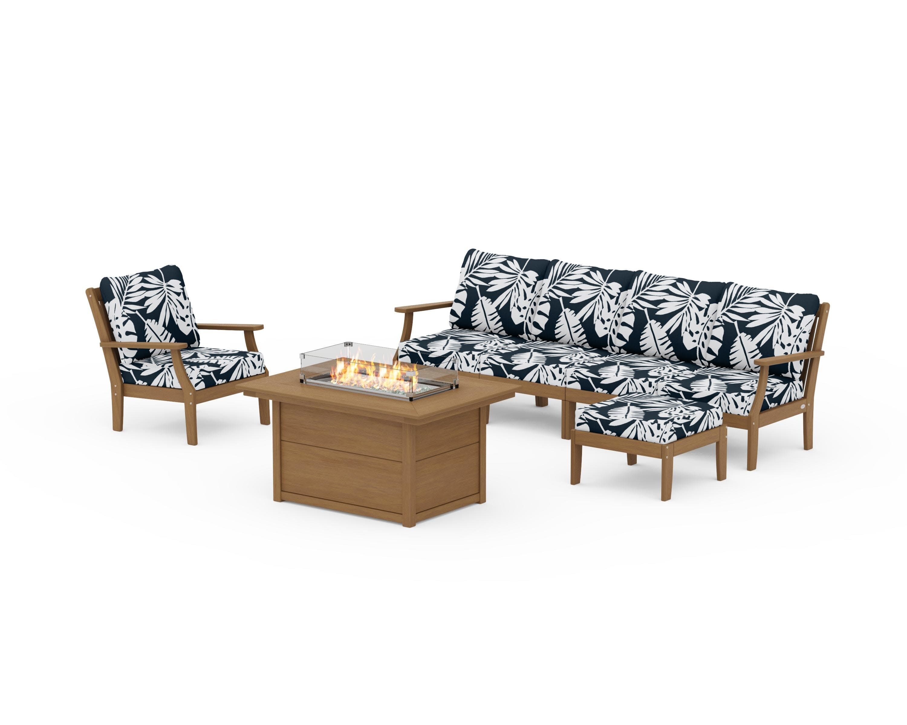 Braxton Sectional Lounge and Fire Pit Set in Natural / Leaf Marine Indigo