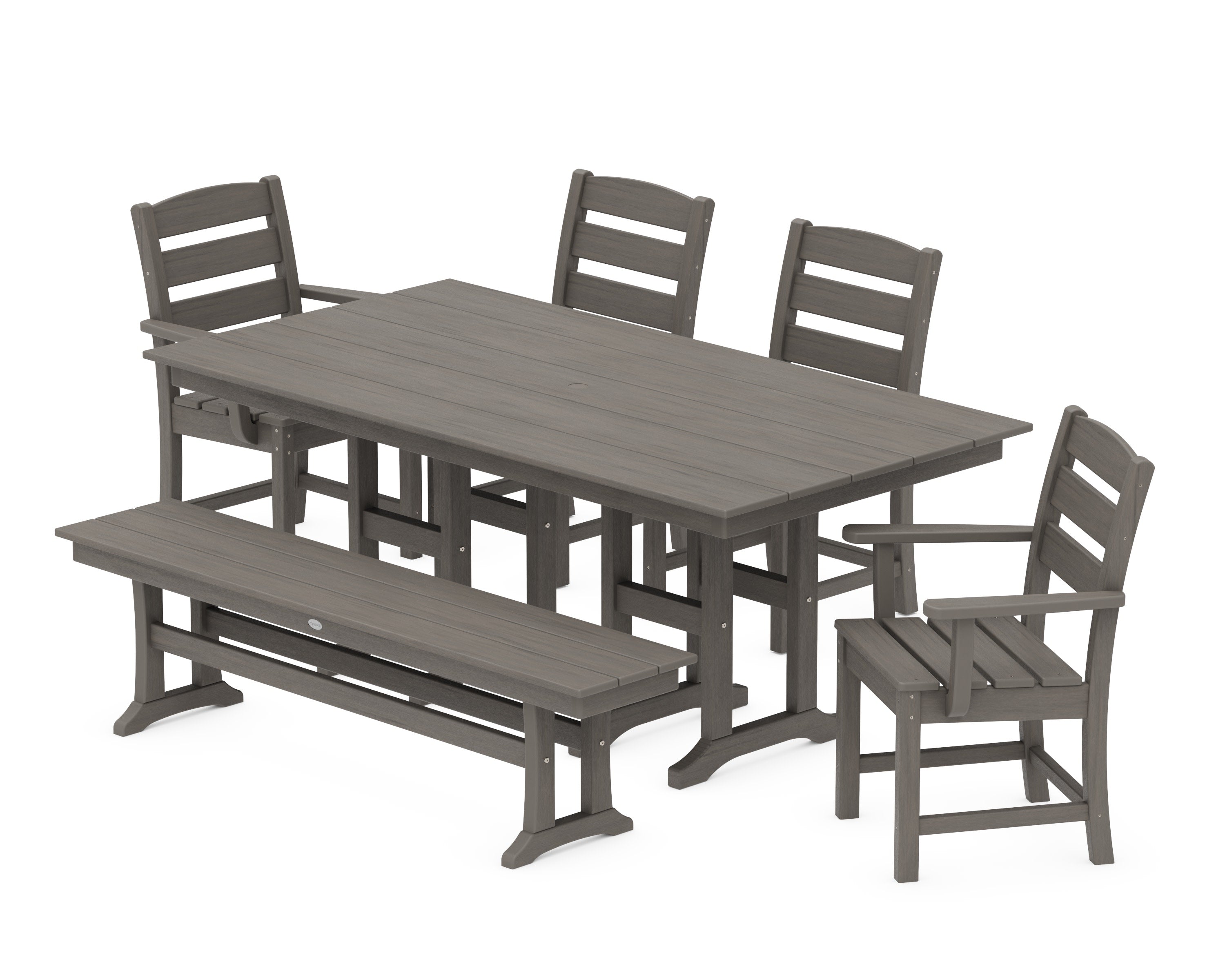 Lakeside 6-Piece Farmhouse Dining Set with Bench in Driftwood