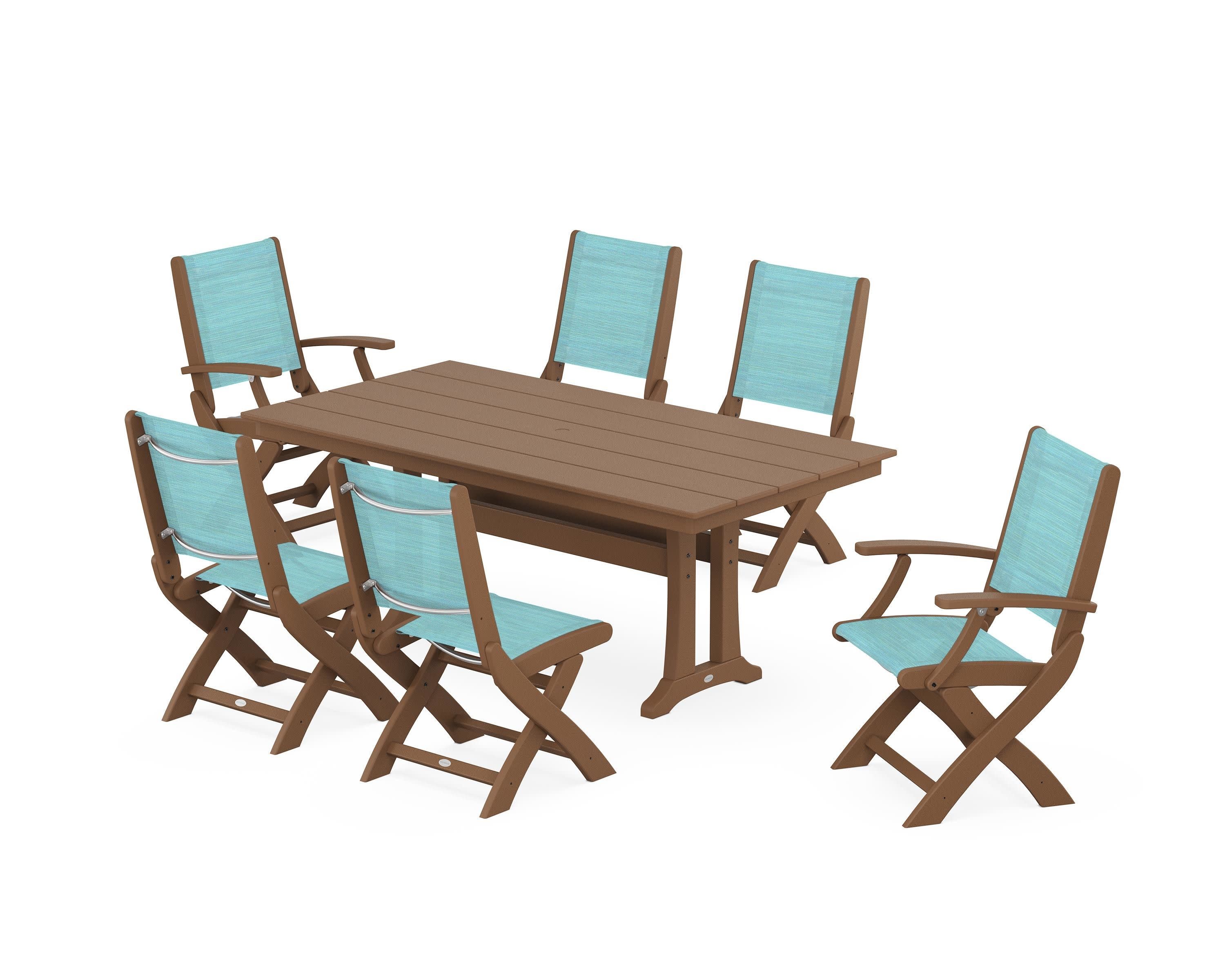 Coastal Folding Chair 7-Piece Farmhouse Dining Set with Trestle Legs in Teak / Dupioni Aquamarine Sling