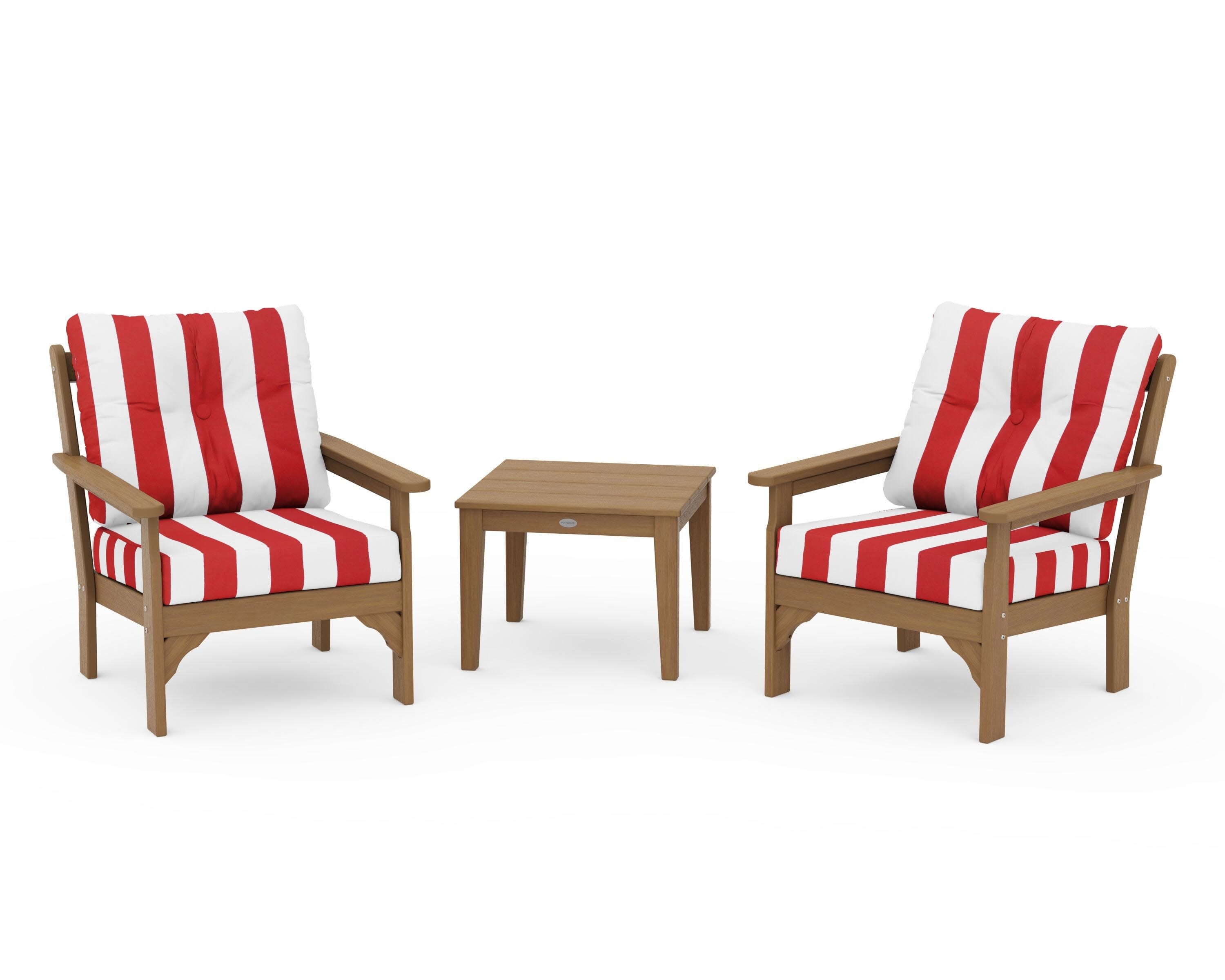Vineyard 3-Piece Deep Seating Set in Natural / Cabana Stripe Crimson