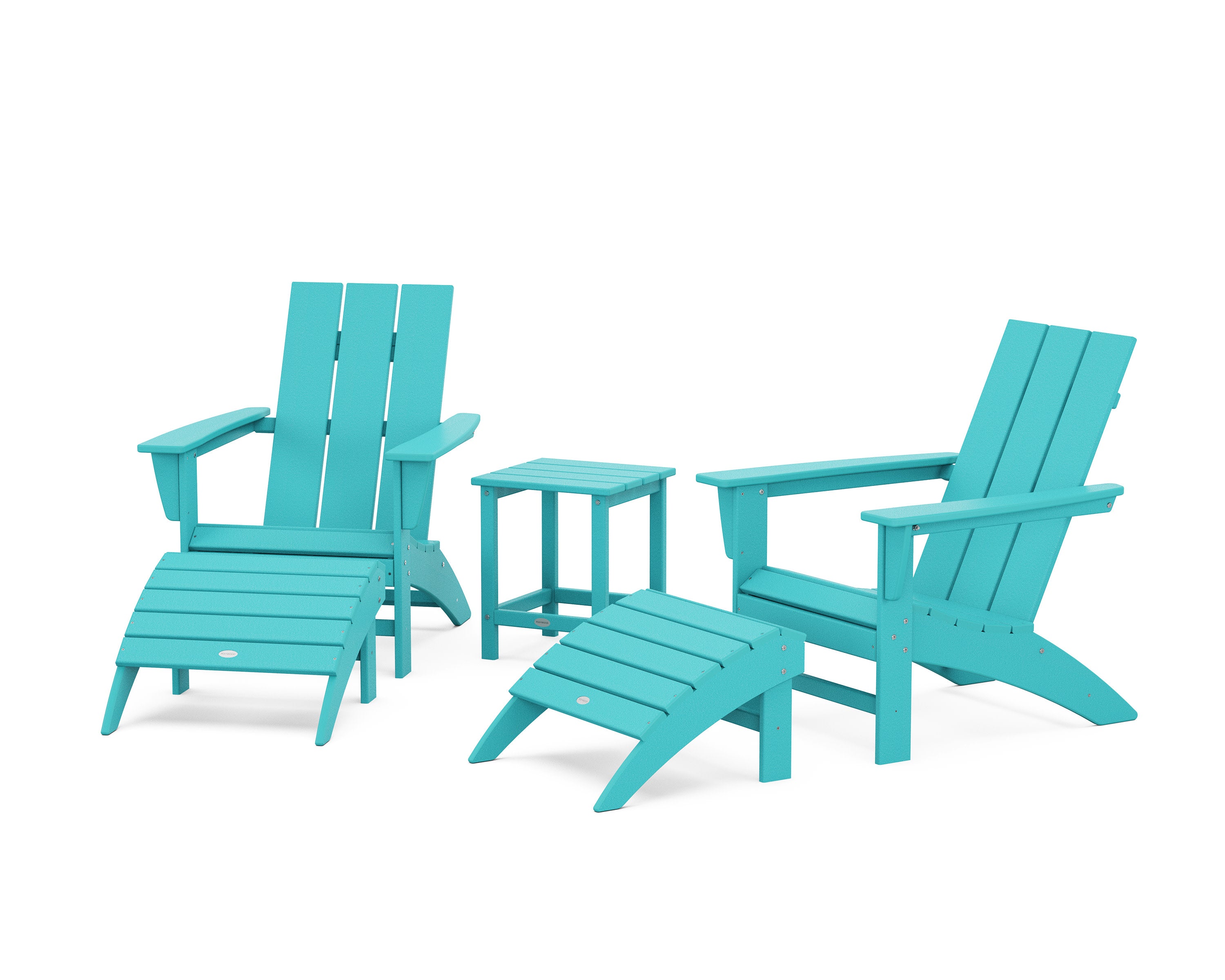 Modern Adirondack Chair 5-Piece Set with Ottomans and 18" Side Table in Aruba
