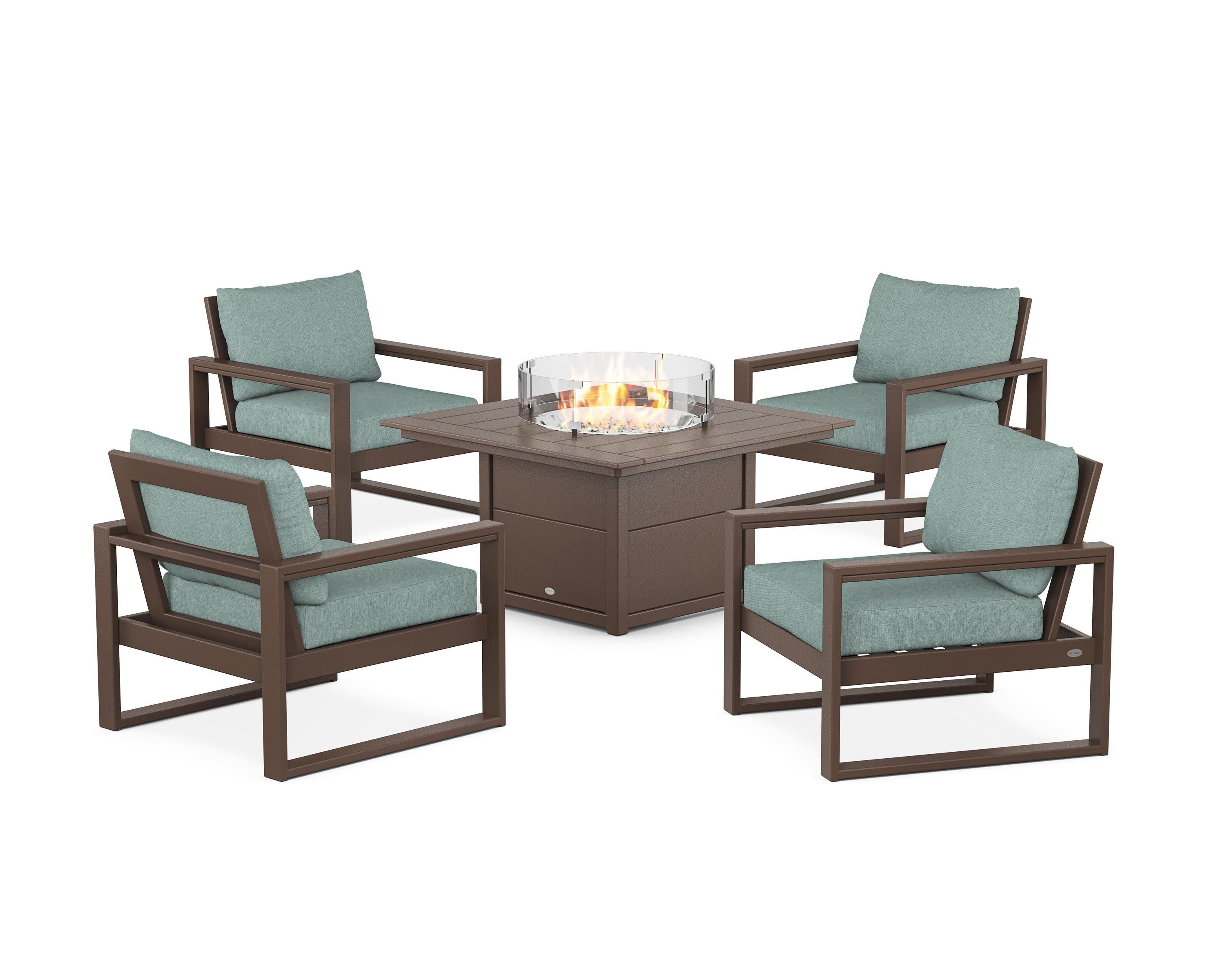 EDGE Sectional 5-Piece Deep Seating Set with Fire Pit Table in Mahogany / Glacier Spa
