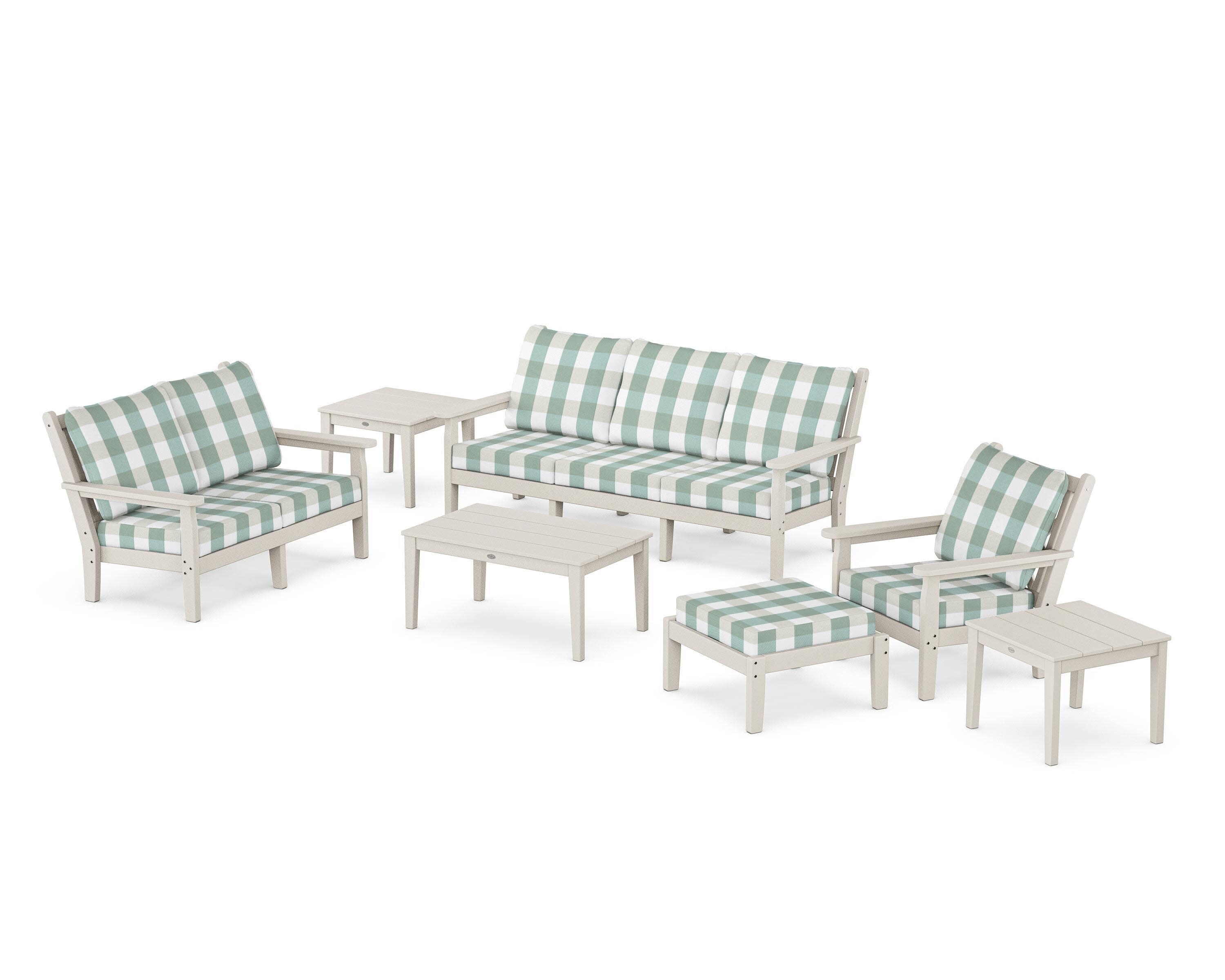 Chippendale 7-Piece Deep Seating Set in Sand / Buffalo Plaid Glacier Spa