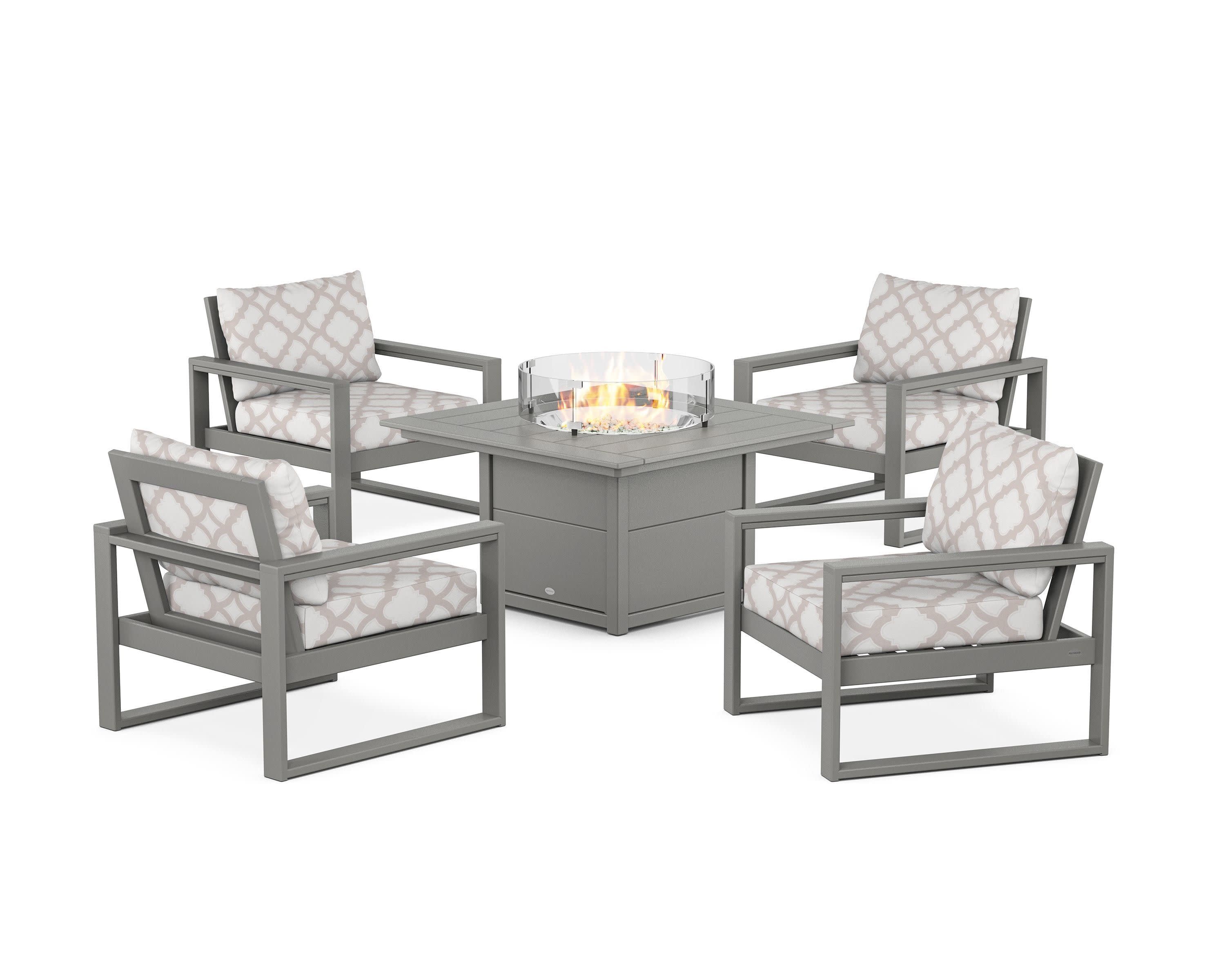 EDGE Sectional 5-Piece Deep Seating Set with Fire Pit Table in Slate Grey / Trellis Dune Burlap