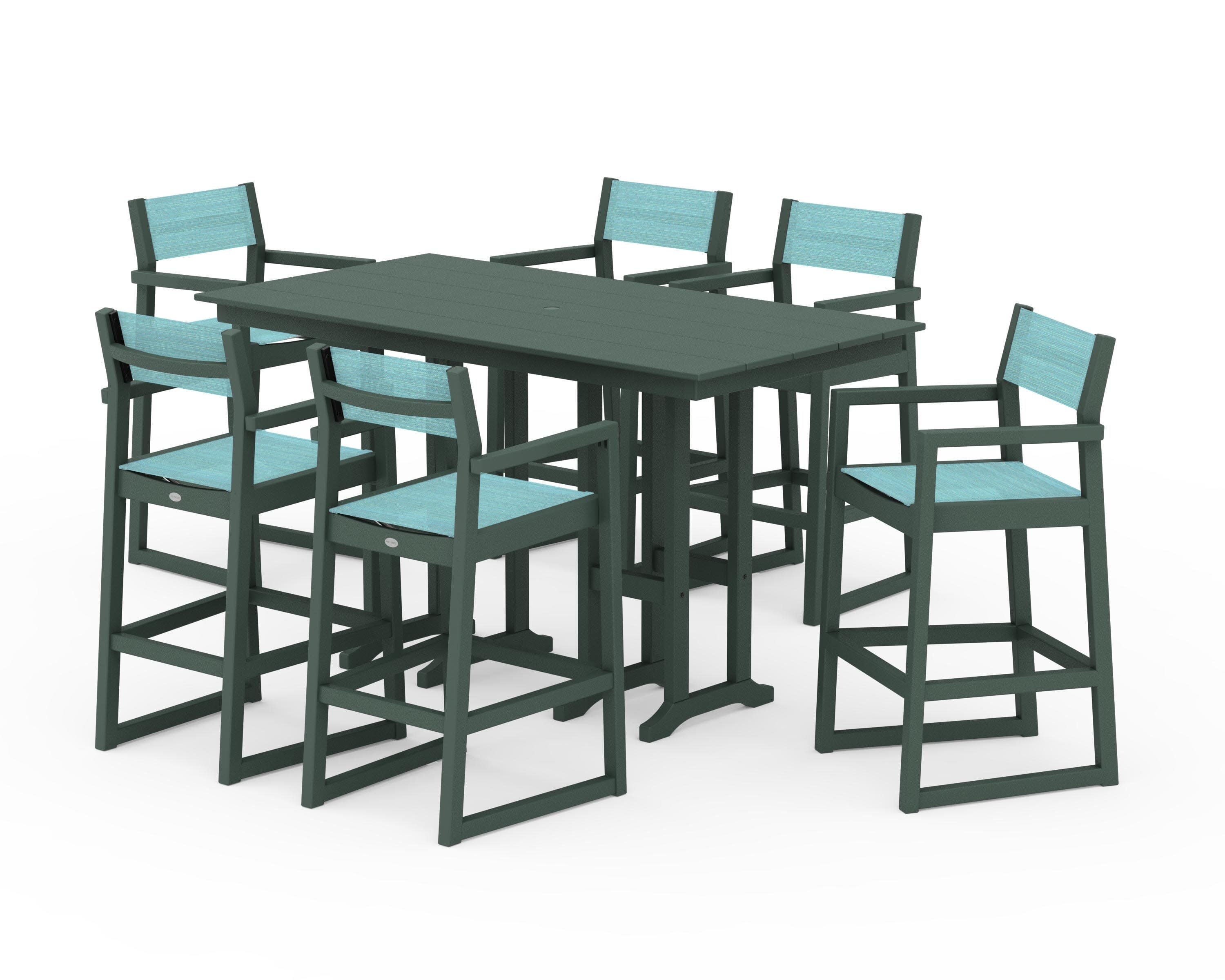 EDGE Sling Arm Chair 7-Piece Farmhouse Bar Set in Green / Dupioni Aquamarine Sling