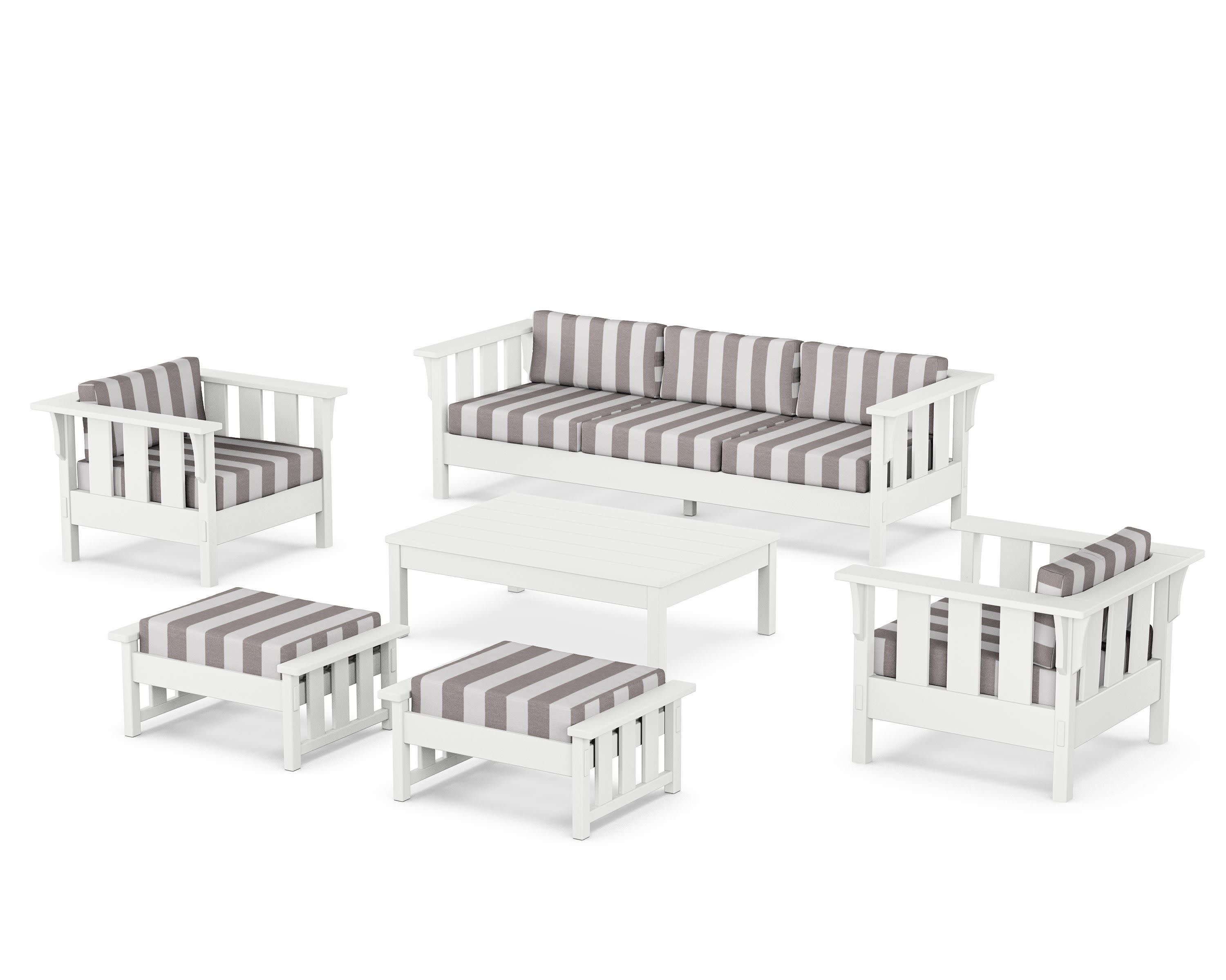 Acadia 6-Piece Lounge Sofa Set in White / Cabana Stripe Grey Mist