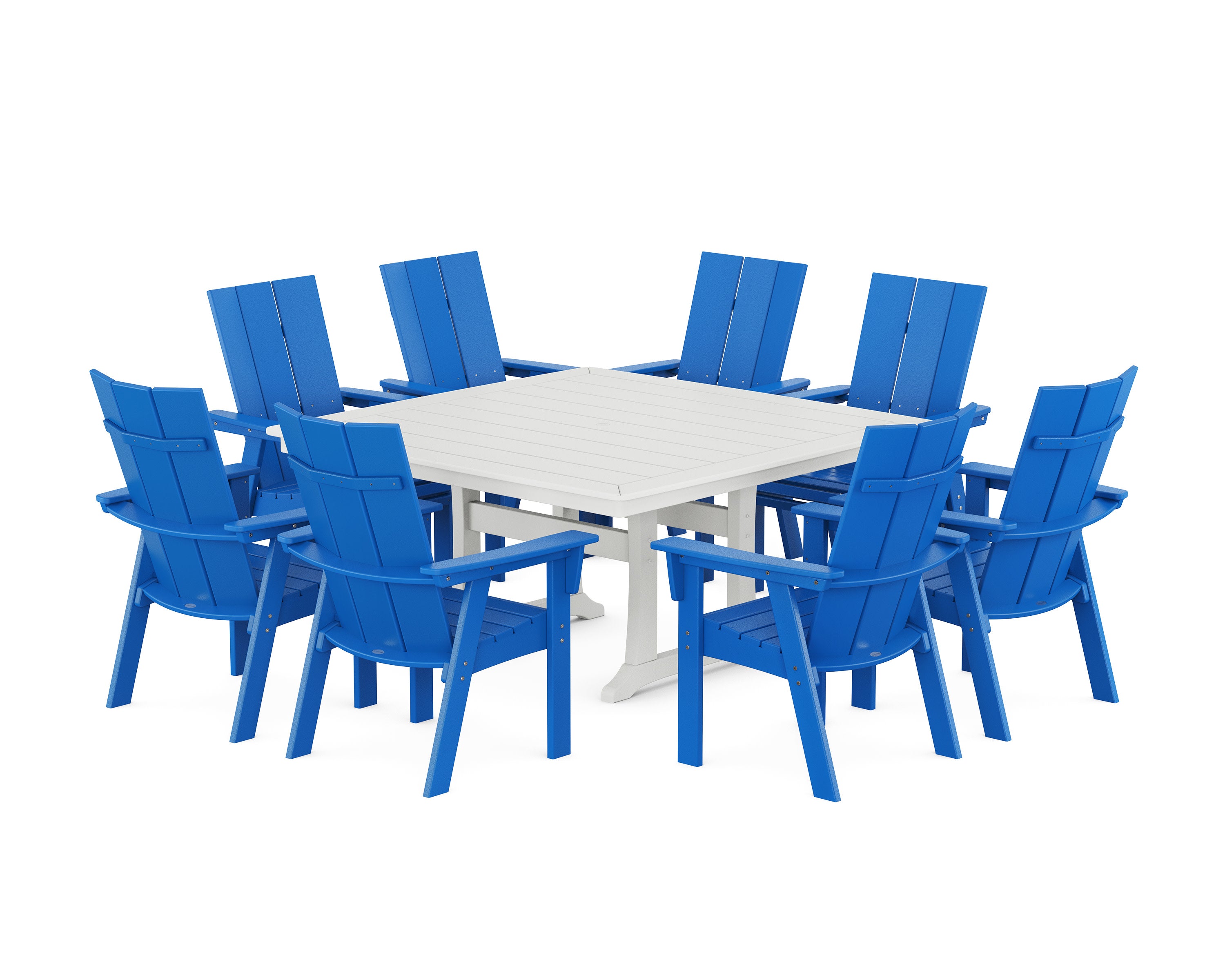 Modern Curveback Adirondack 9-Piece Square Dining Set with Trestle Legs in Pacific Blue / White