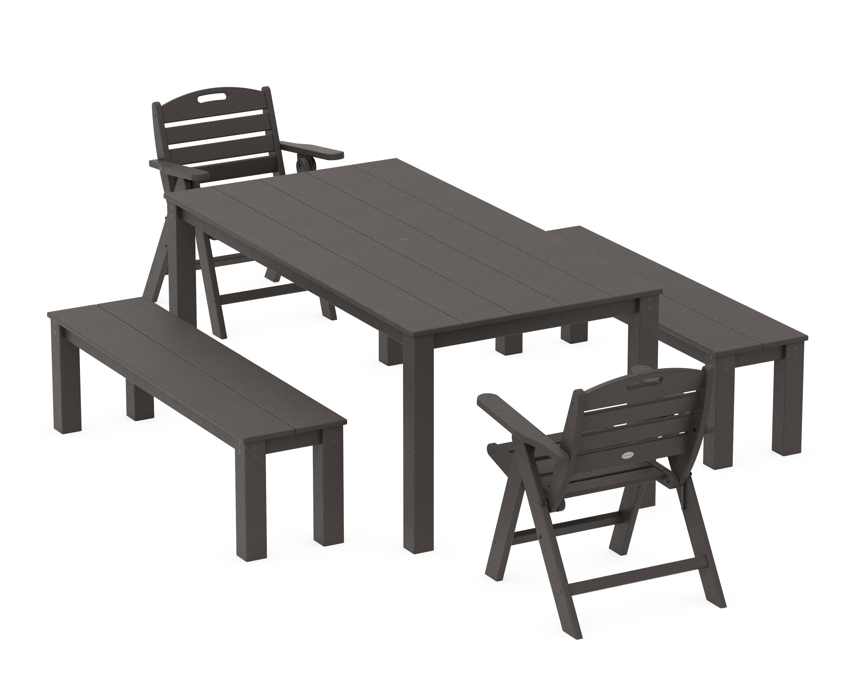 Nautical Folding Lowback Chair 5-Piece Parsons Dining Set with Benches in Vintage Coffee