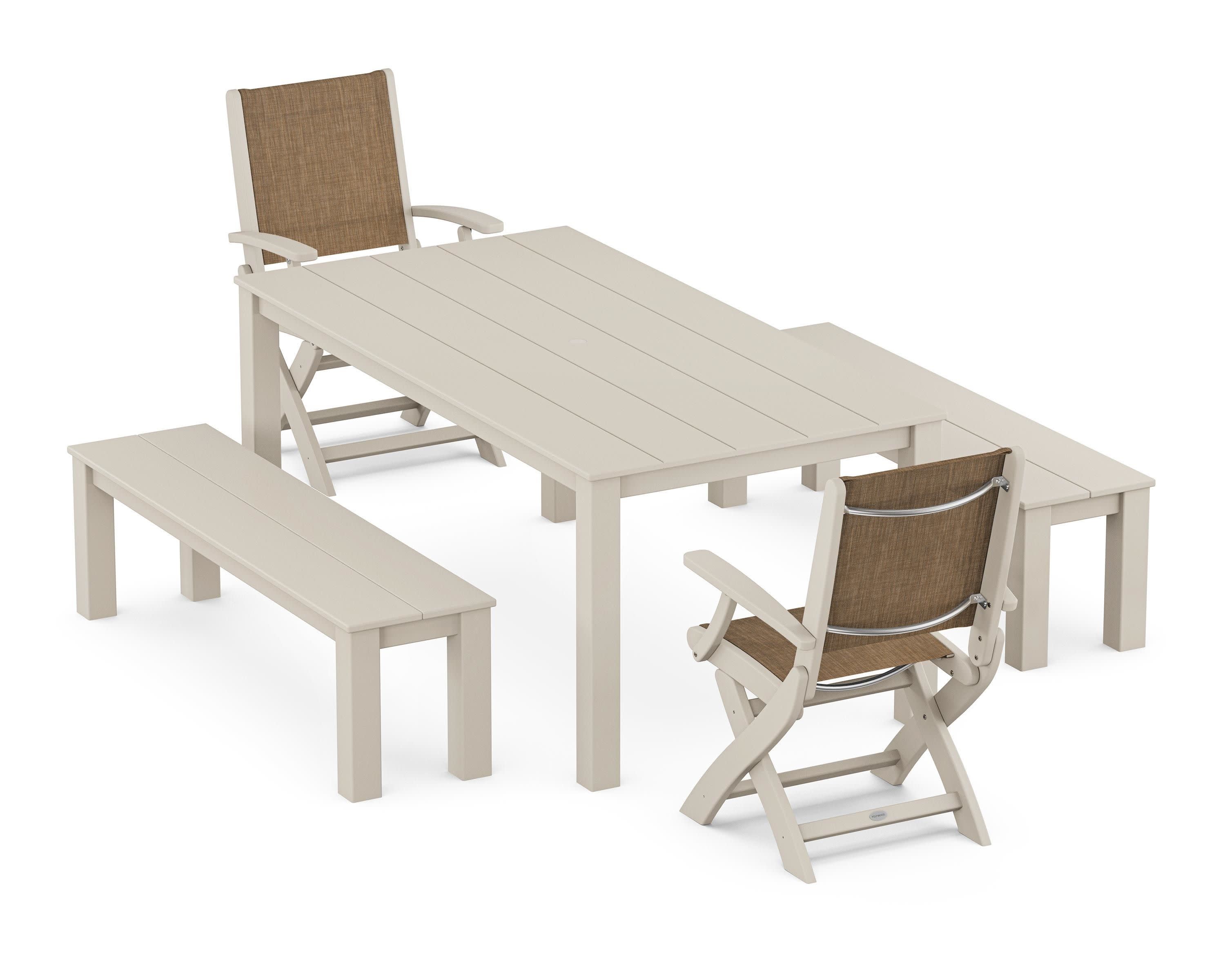 Coastal Folding Chair 5-Piece Parsons Dining Set with Benches in Sand / Burlap Sling