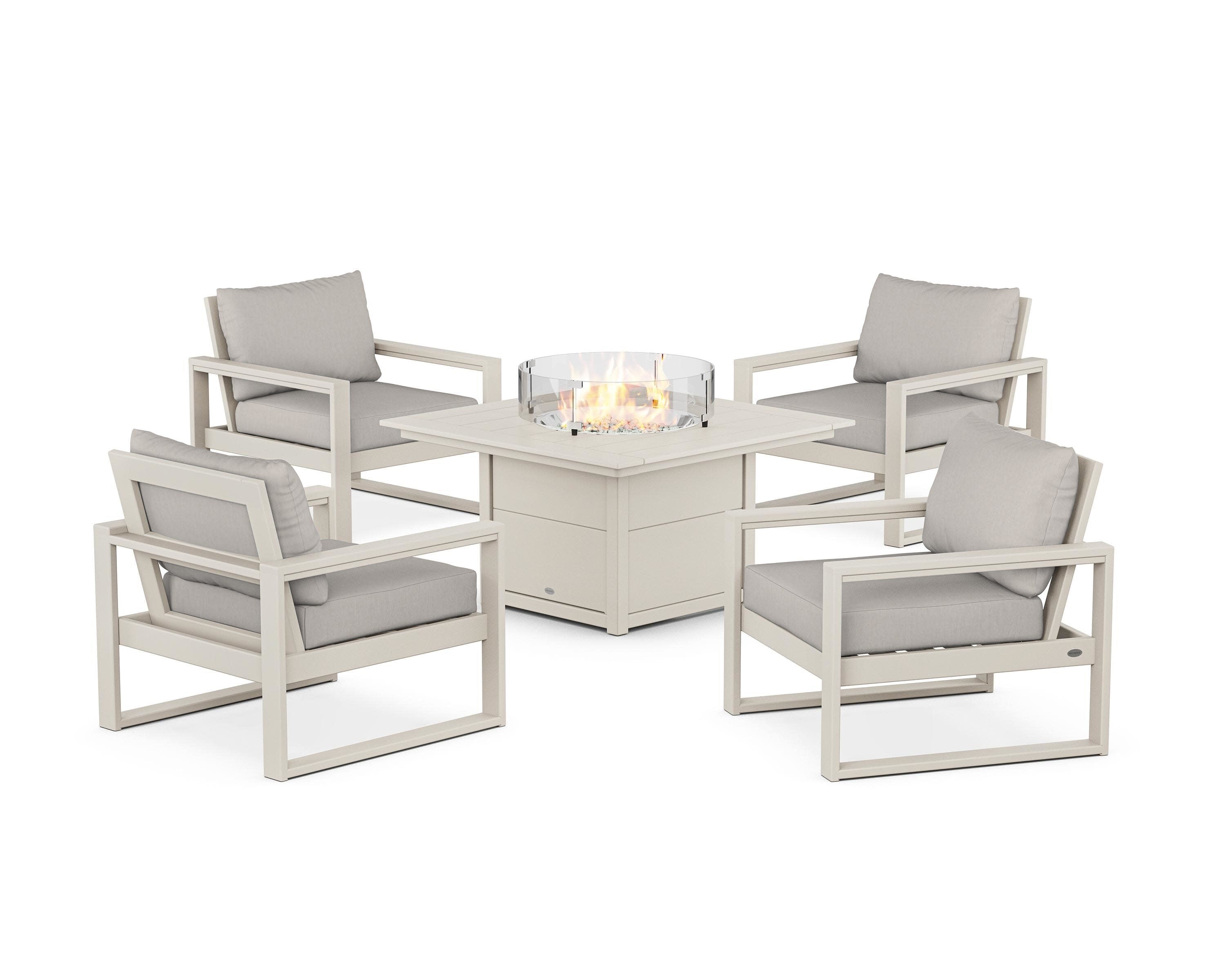 EDGE Sectional 5-Piece Deep Seating Set with Fire Pit Table in Sand / Cast Ash