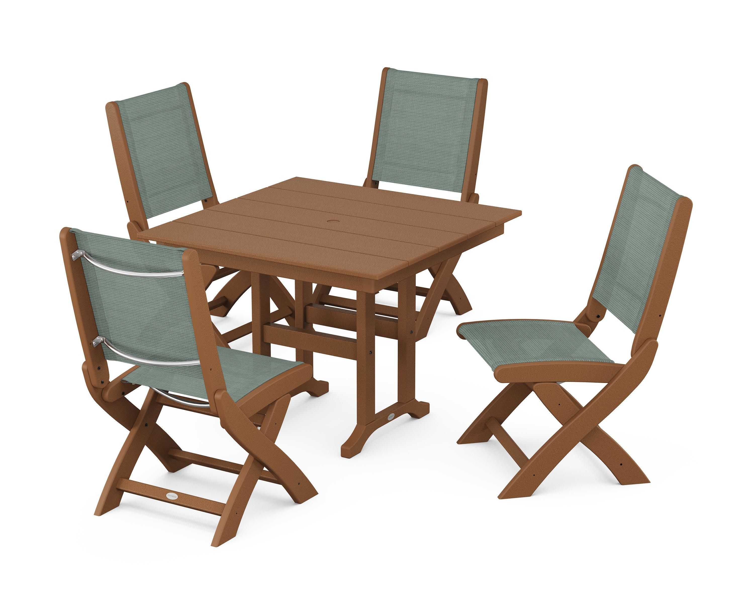 Coastal Folding Side Chair 5-Piece Farmhouse Dining Set in Teak / Dupioni Sea Mist Sling