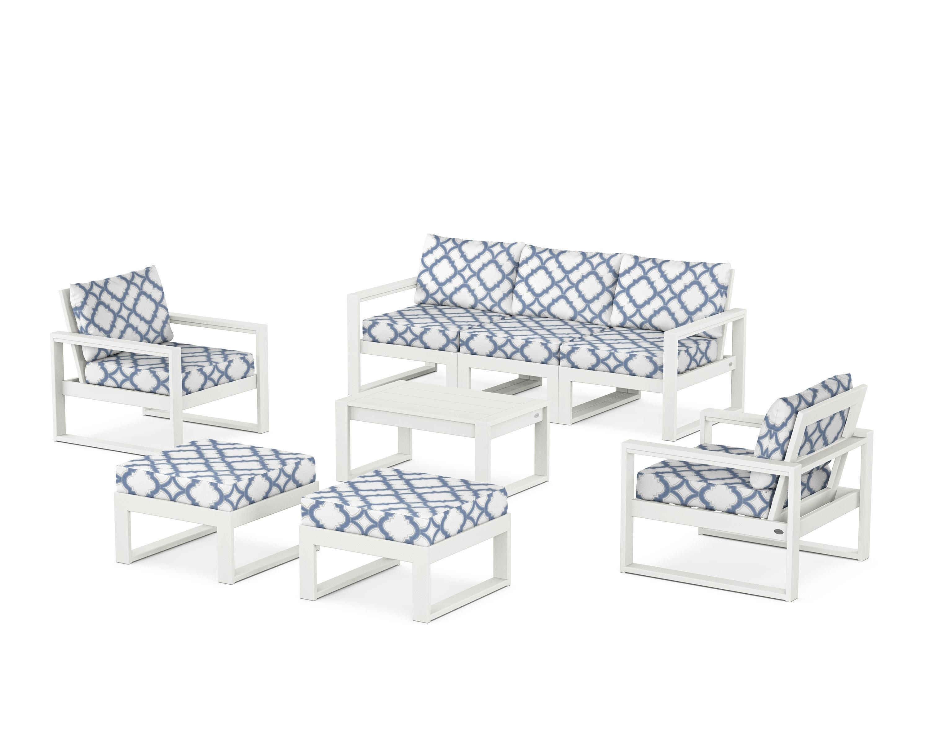 EDGE Sectional 8-Piece Lounge Sofa Set in Vintage White / Trellis Sky Blue
