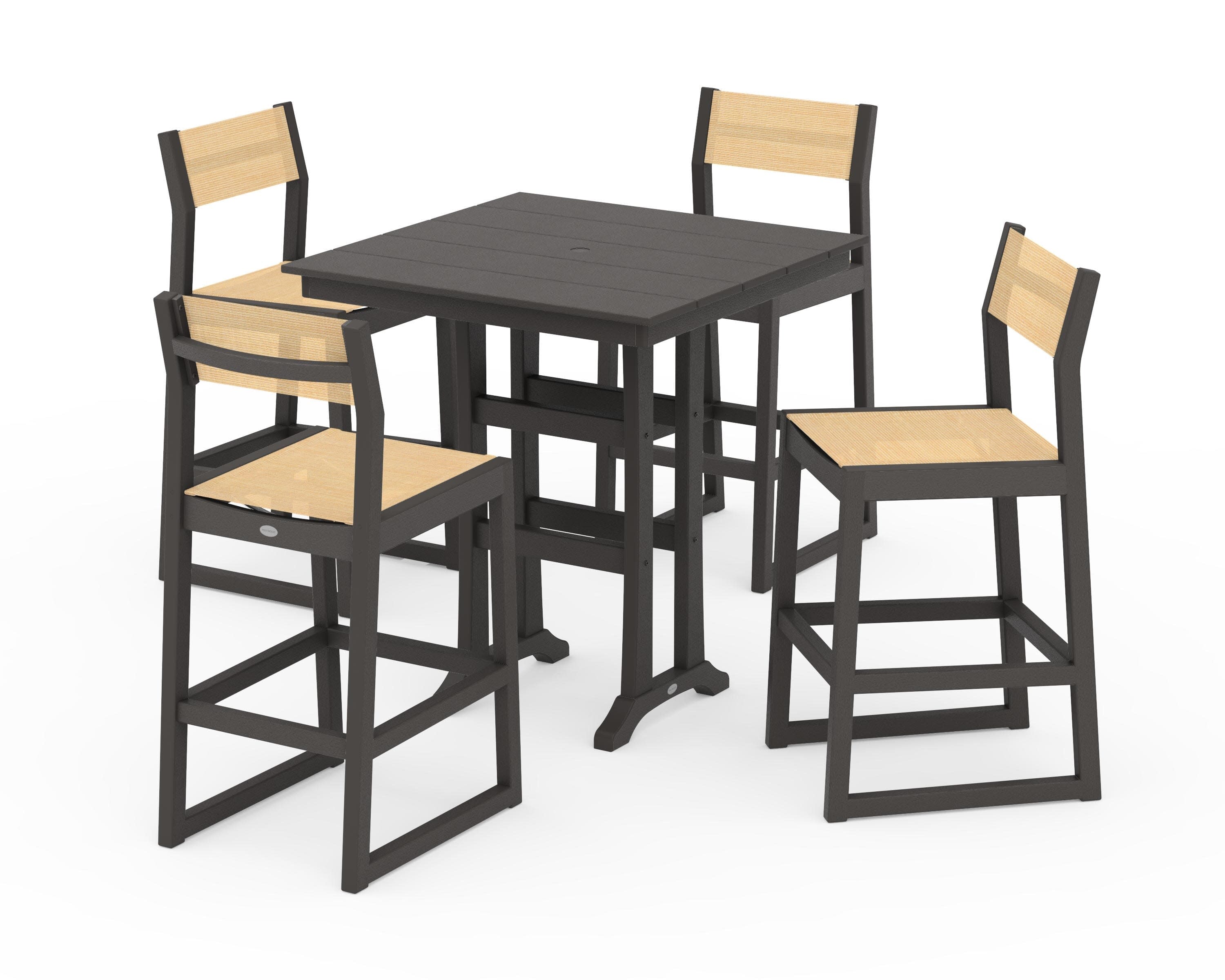 EDGE Sling Arm Chair 5-Piece Farmhouse Bar Set with Trestle Legs in Vintage Coffee / Dupioni Apricot Sling