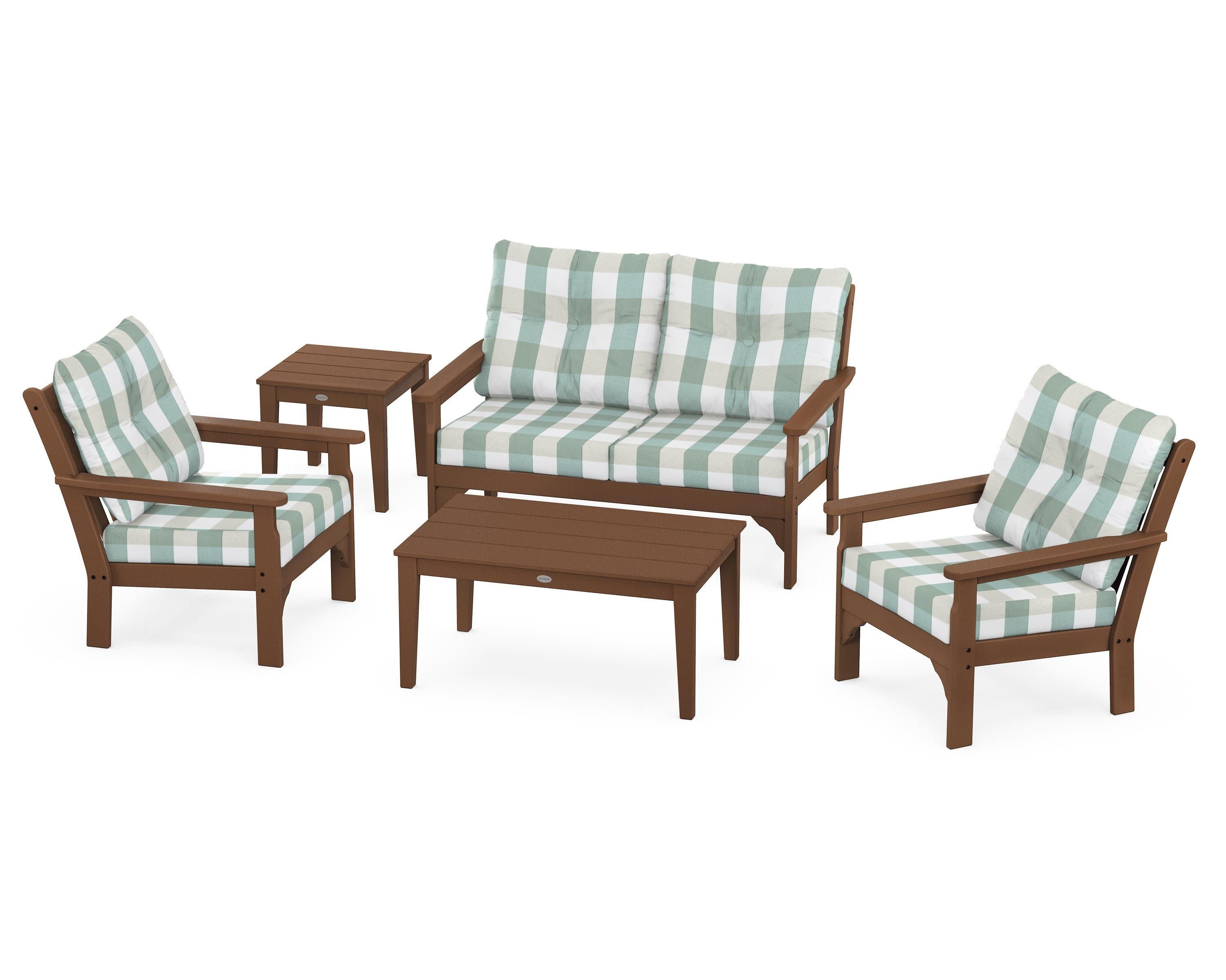 Vineyard 5-Piece Deep Seating Set in Teak / Buffalo Plaid Glacier Spa