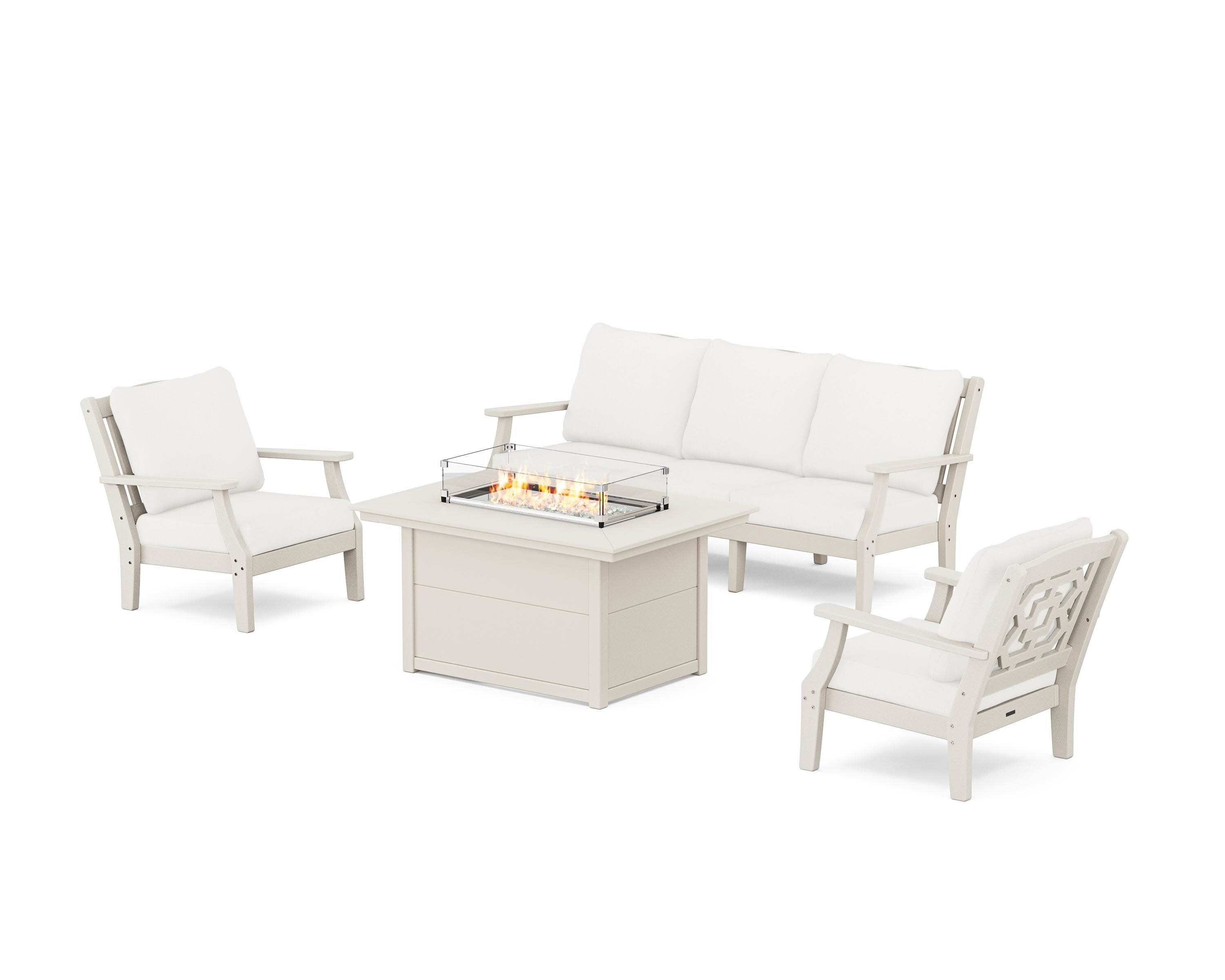 Chinoiserie Deep Seating Fire Pit Table Set in Sand / Natural Linen