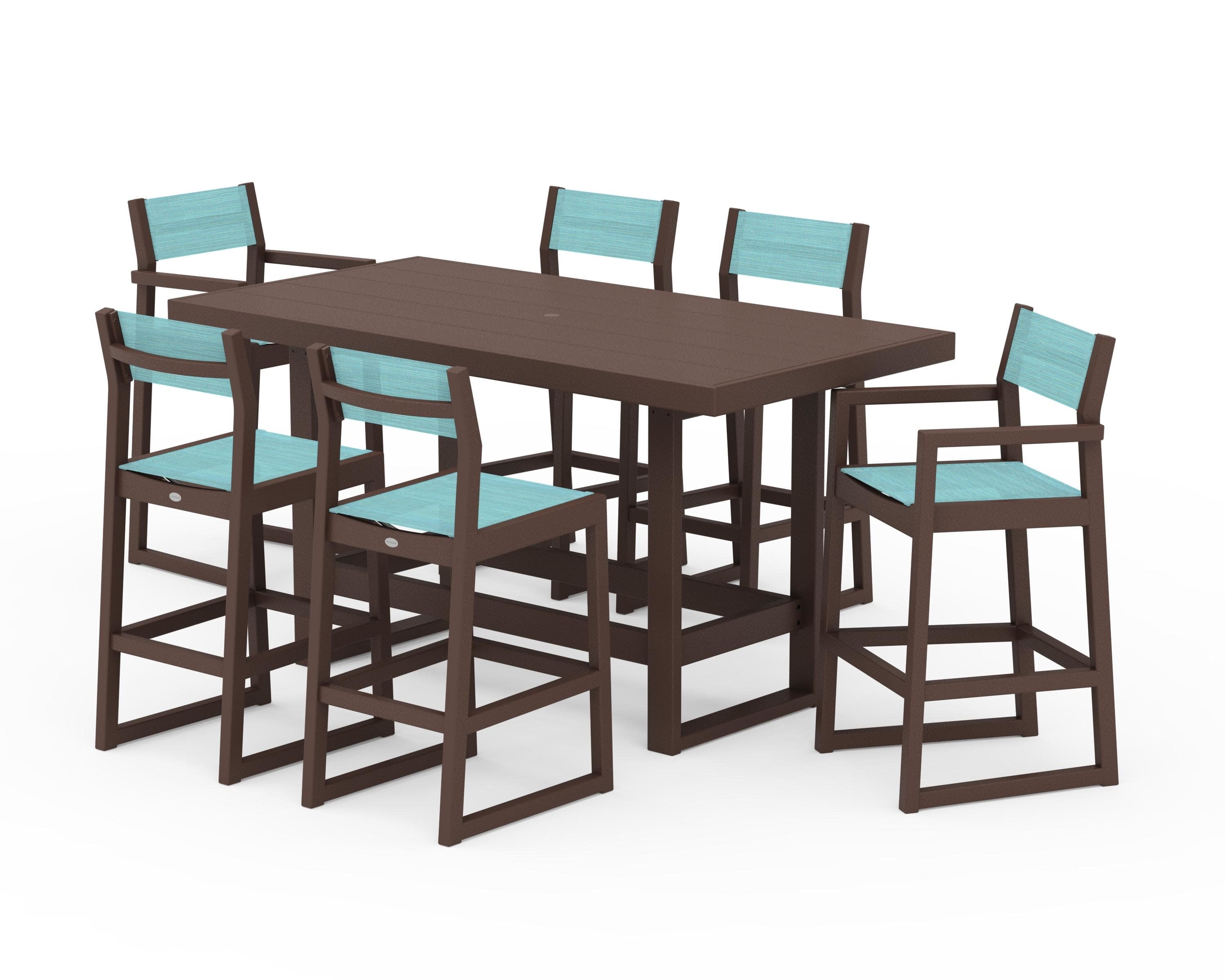 EDGE Sling 7-Piece Bar Table Set in Mahogany / Dupioni Aquamarine Sling