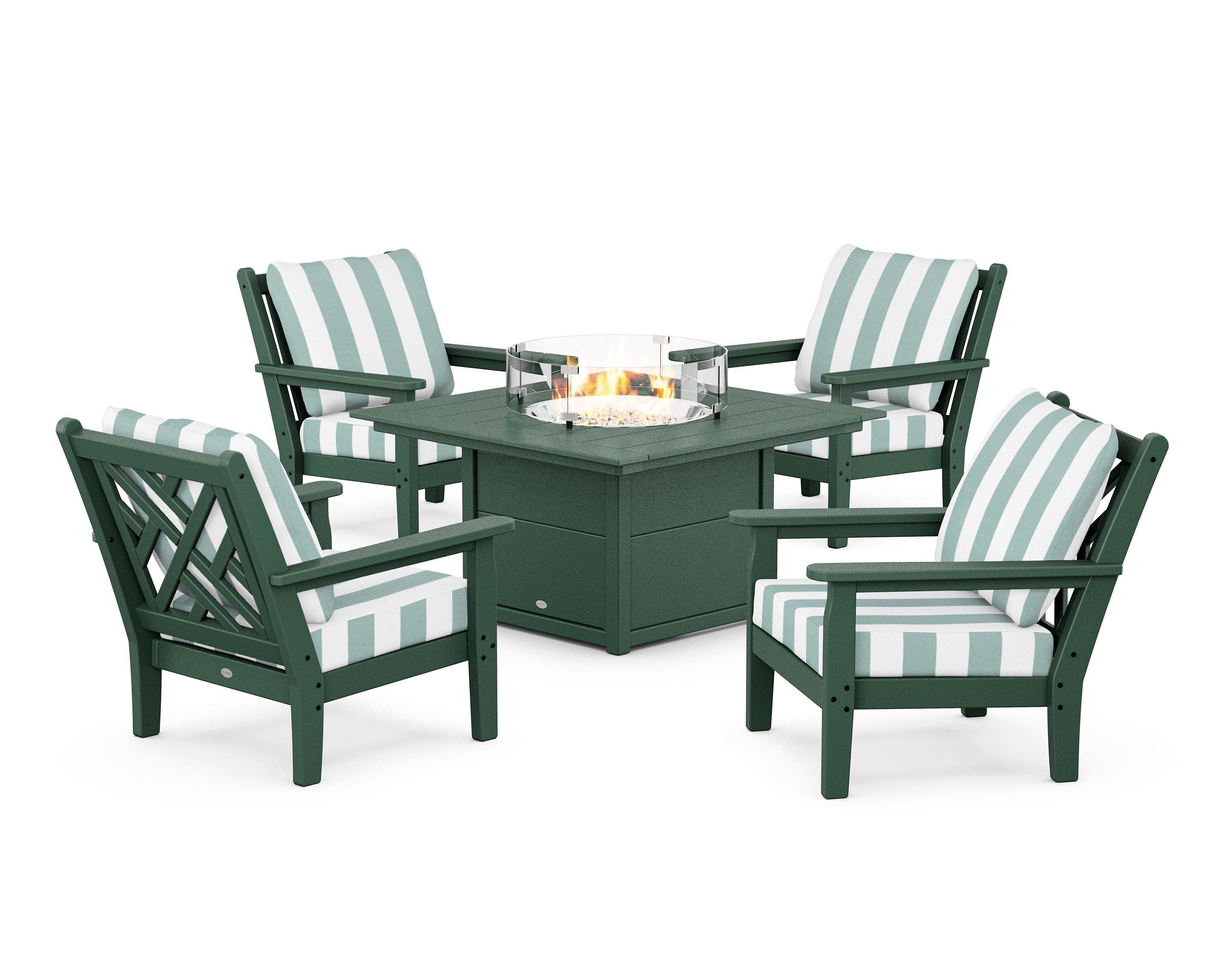 Chippendale 5-Piece Deep Seating Set with Fire Pit Table in Green / Cabana Stripe Glacier Spa