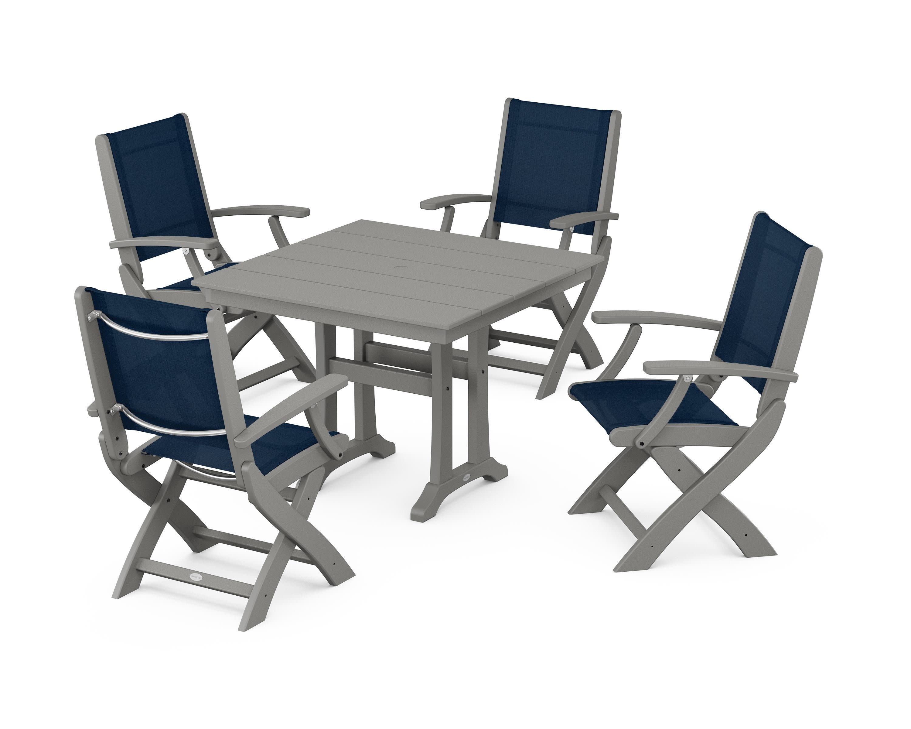 Coastal Folding Chair 5-Piece Farmhouse Dining Set With Trestle Legs in Slate Grey / Navy Blue Sling