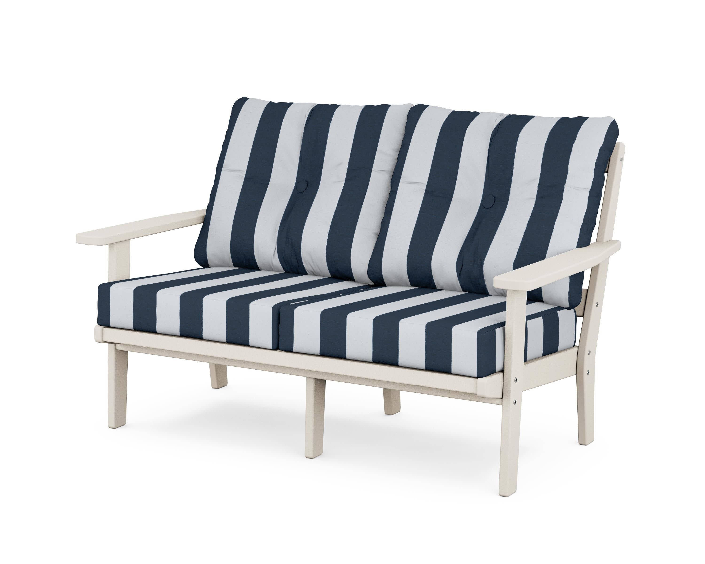 Oxford Deep SeatingLoveseat in Sand / Cabana Stripe Marine Indigo