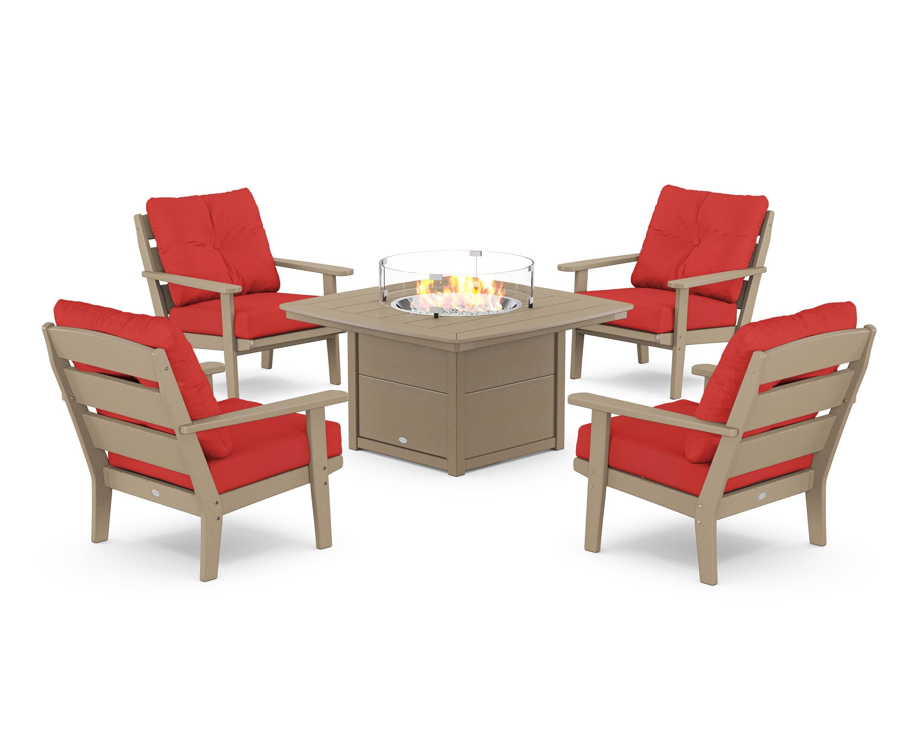 Lakeside 5-Piece Deep Seating Set with Nautical Fire Pit Table in Vintage Sahara / Crimson Linen