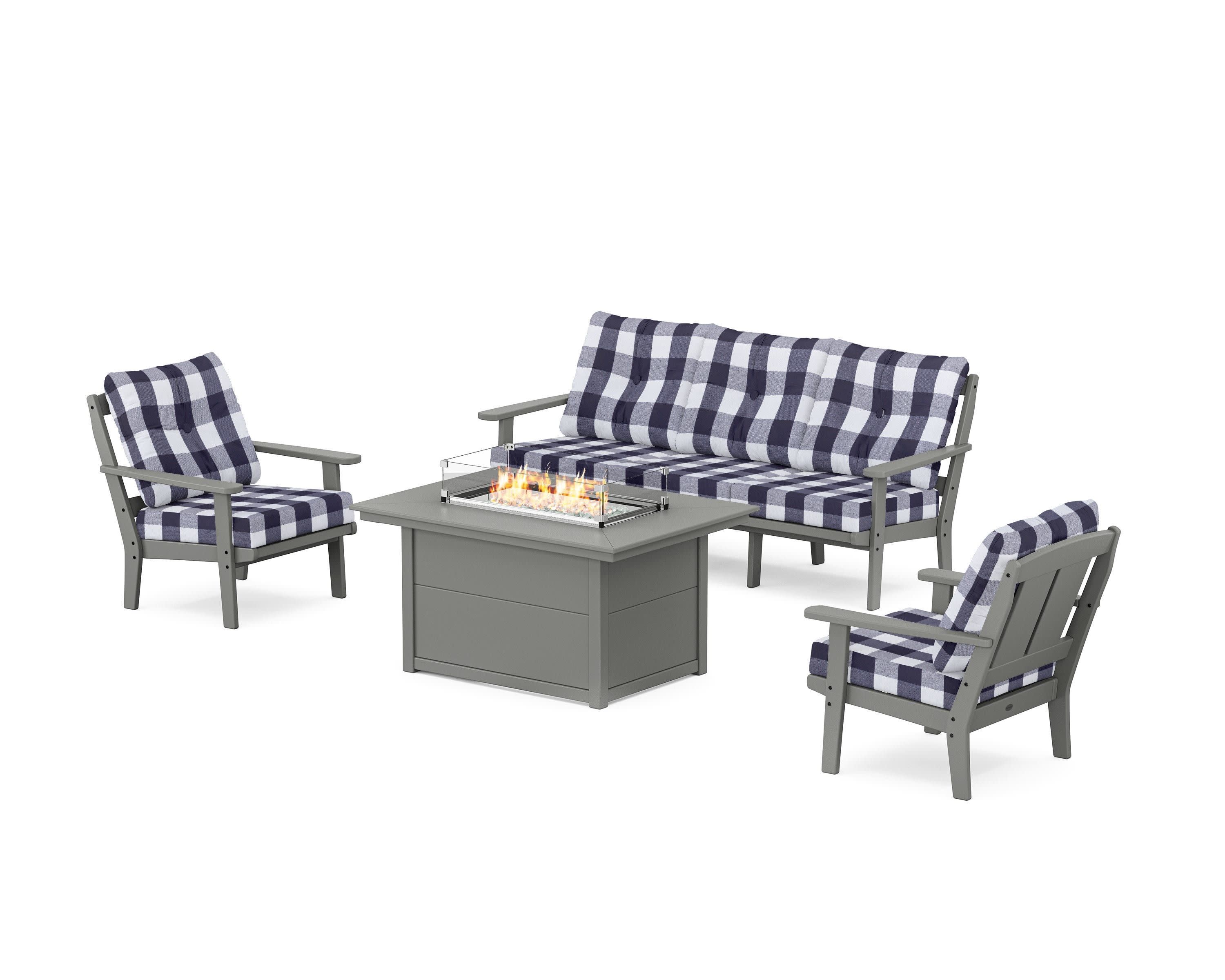 Mission Deep Seating Fire Pit Table Set in Slate Grey / Buffalo Plaid Navy