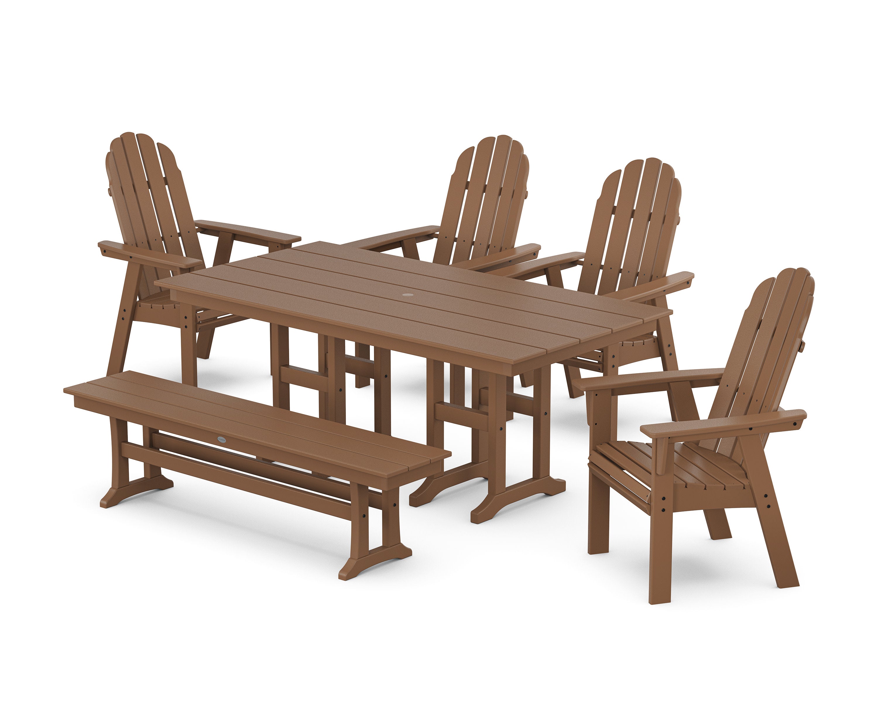 Vineyard Curveback Adirondack Chair 6-Piece Farmhouse Dining Set with Bench in Teak
