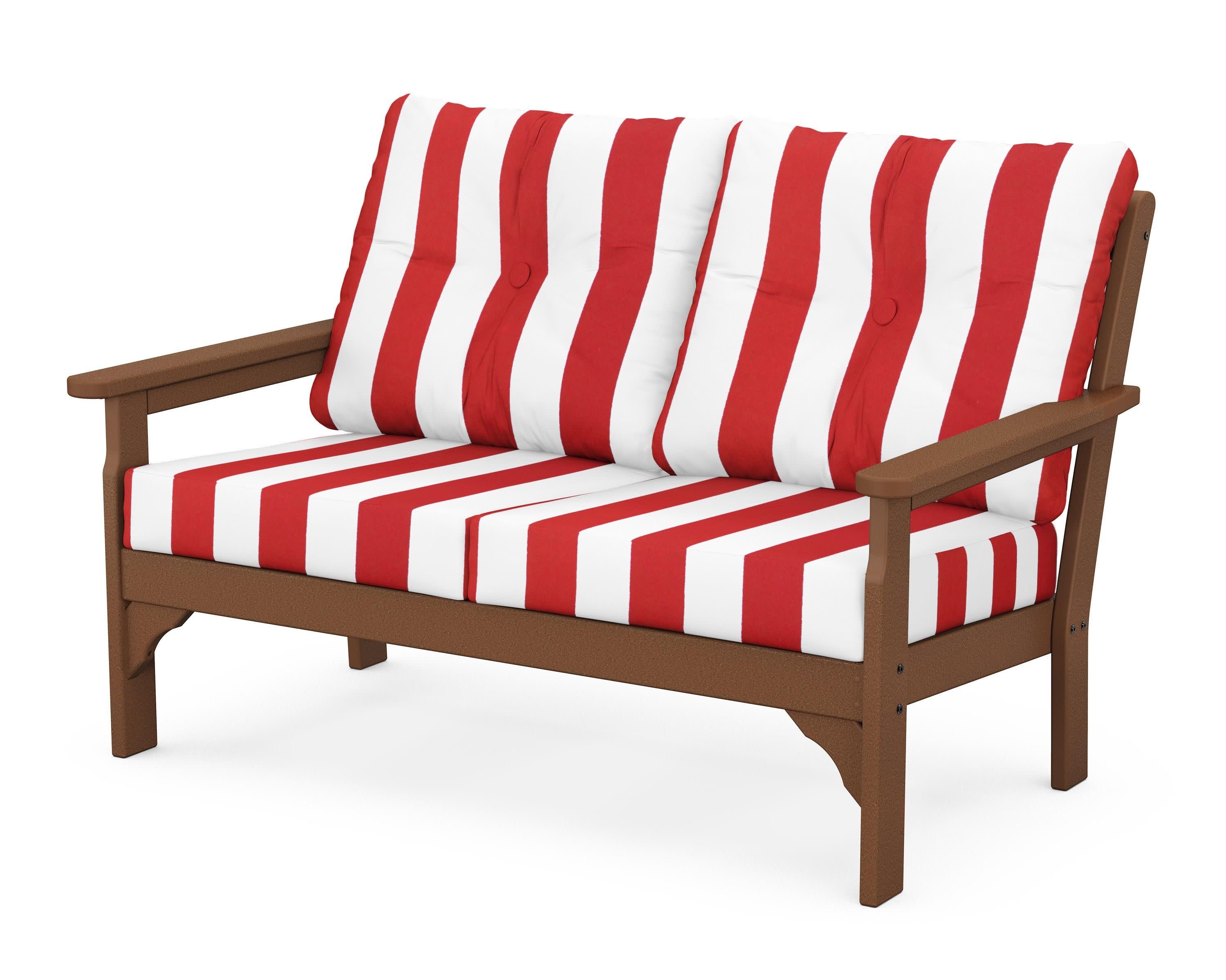Vineyard Deep Seating Loveseat in Teak / Cabana Stripe Crimson