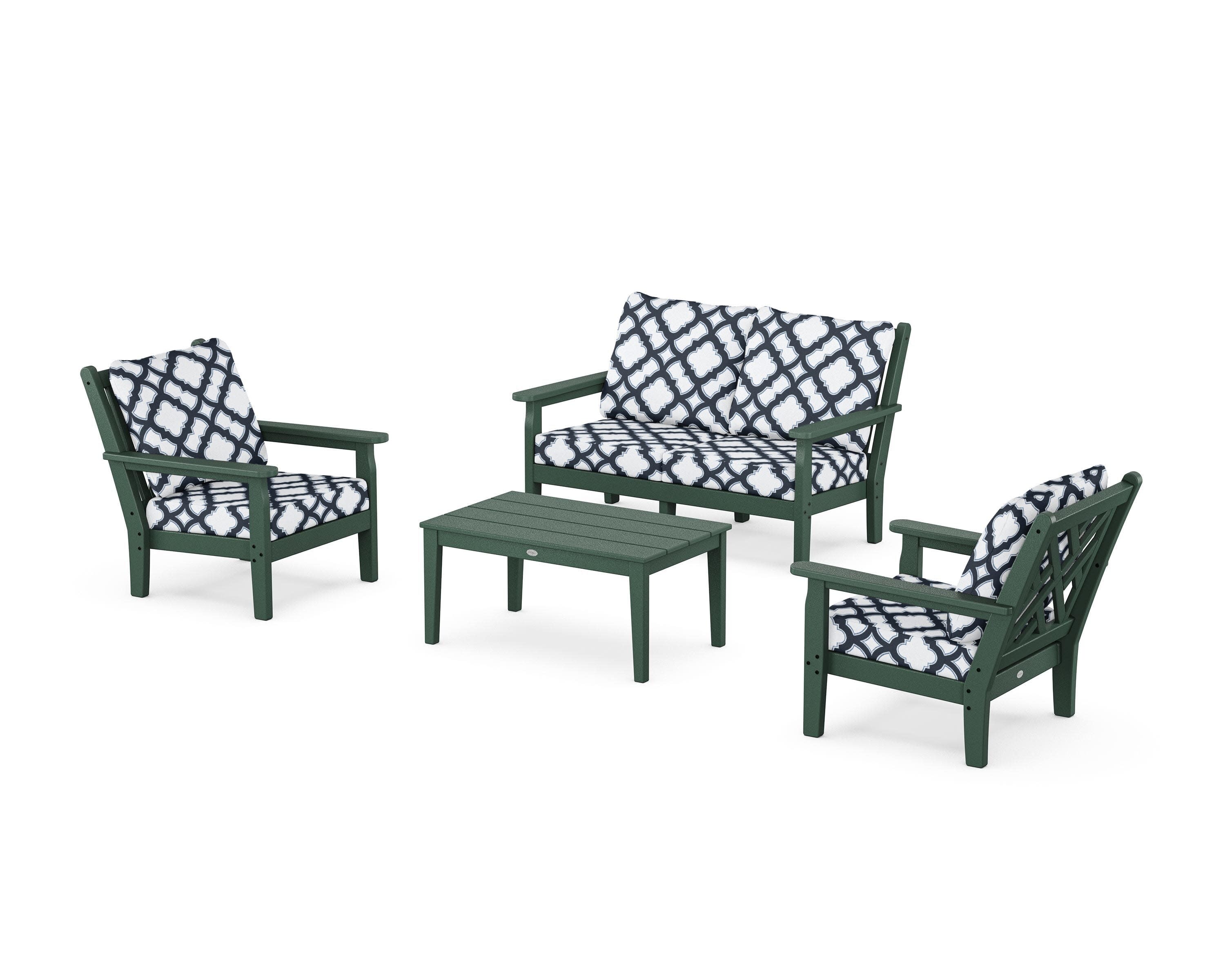 Chippendale 4-Piece Deep Seating Set with Loveseat in Green / Trellis Marine Indigo