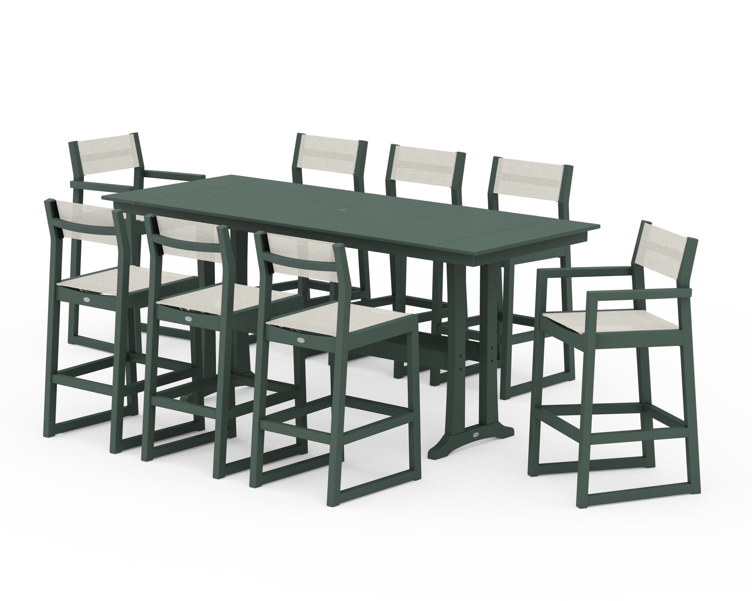 EDGE Sling 9-Piece Farmhouse Bar Set with Trestle Legs in Green / Parchment Sling