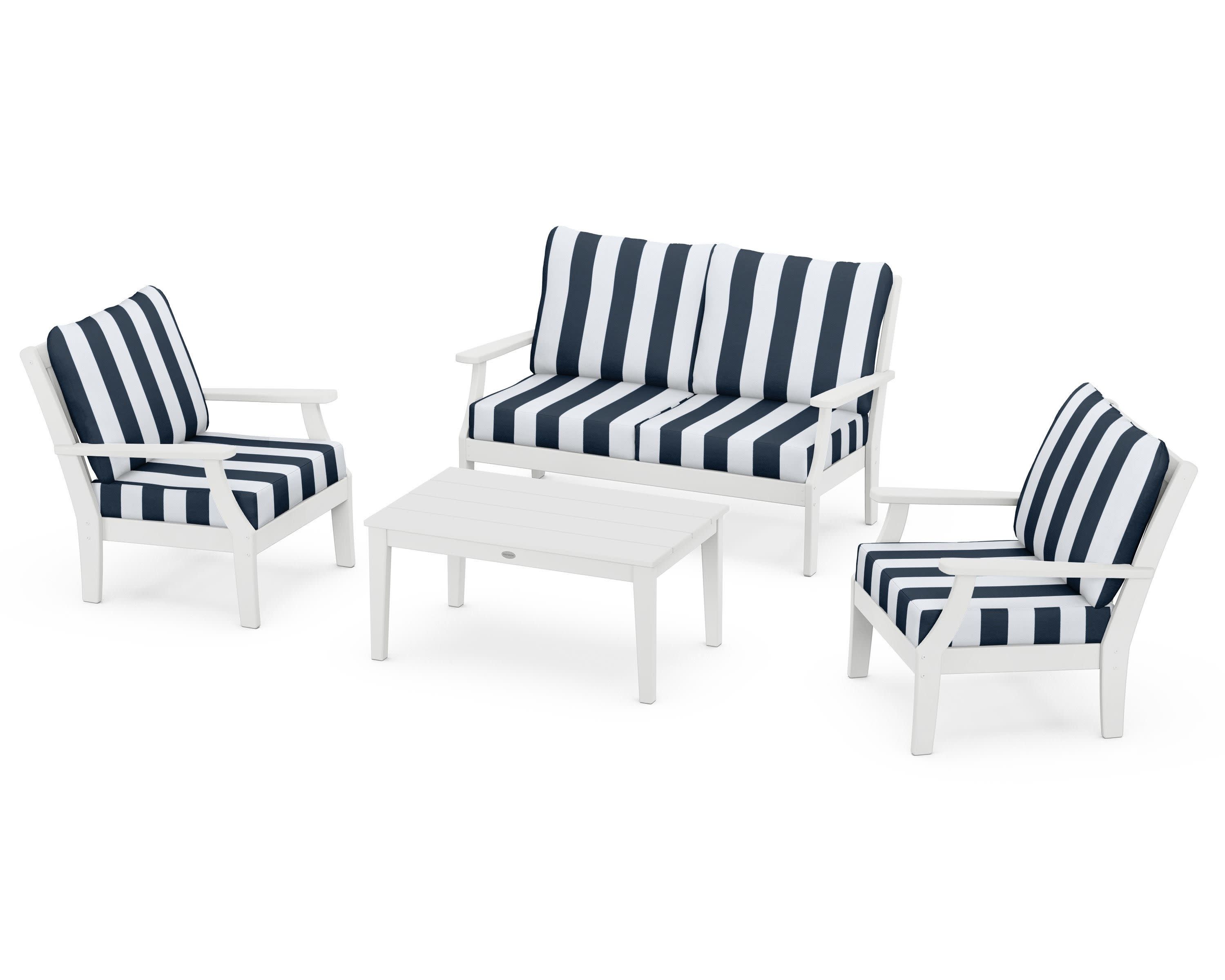 Braxton 4-Piece Deep Seating Chair Set in White / Cabana Stripe Marine Indigo