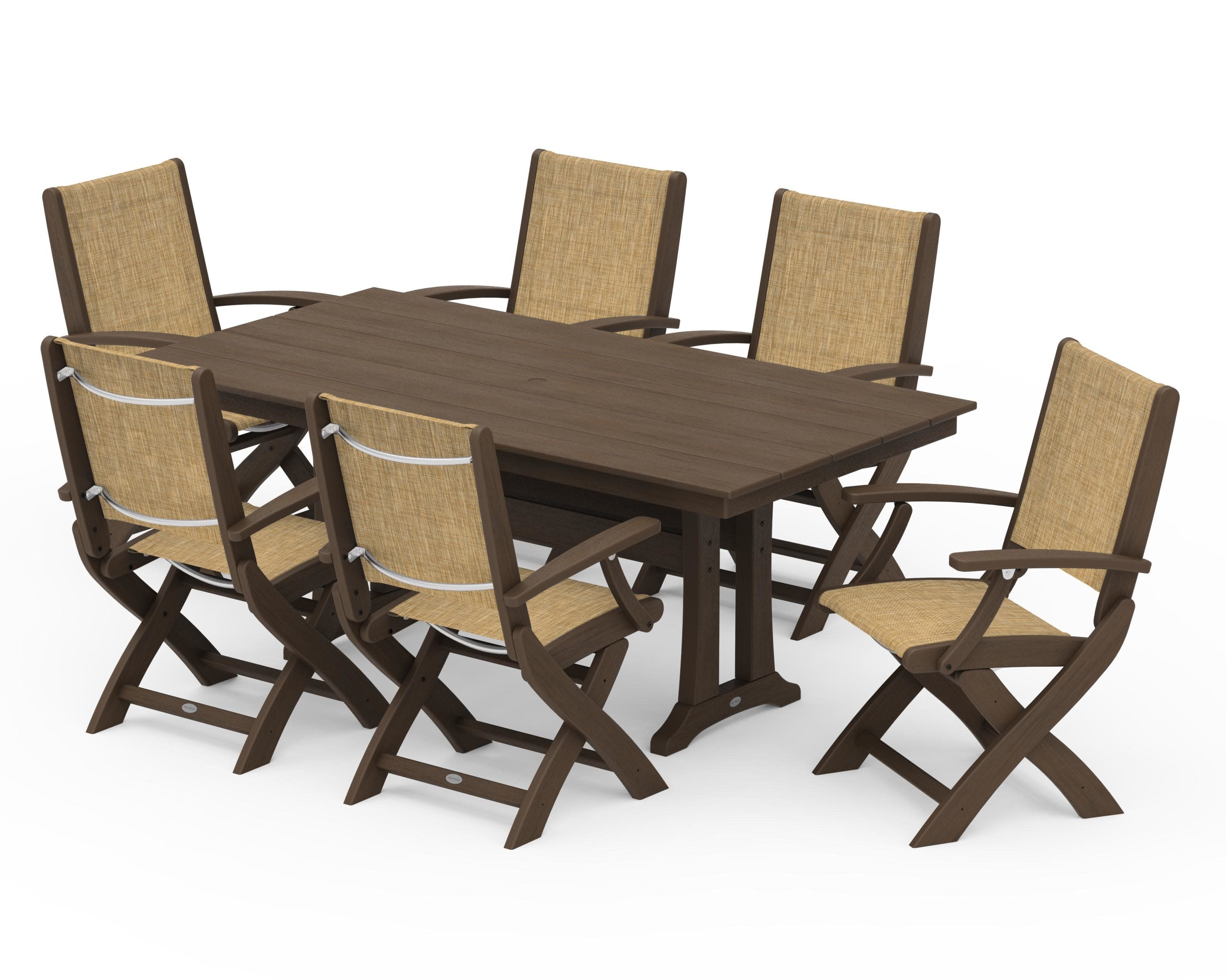 Coastal Folding Arm Chair 7-Piece Farmhouse Dining Set with Trestle Legs in Kona / Burlap Sling