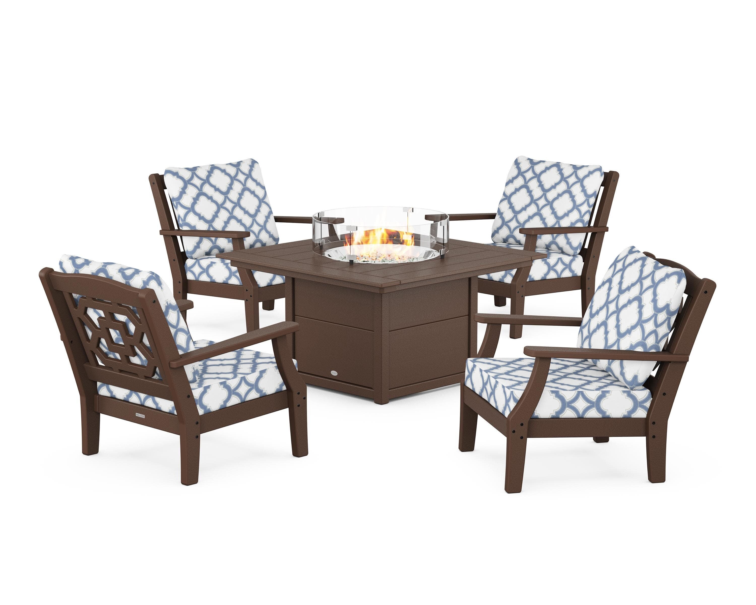Chinoiserie 5-Piece Deep Seating Set with Fire Pit Table in Mahogany / Trellis Sky Blue