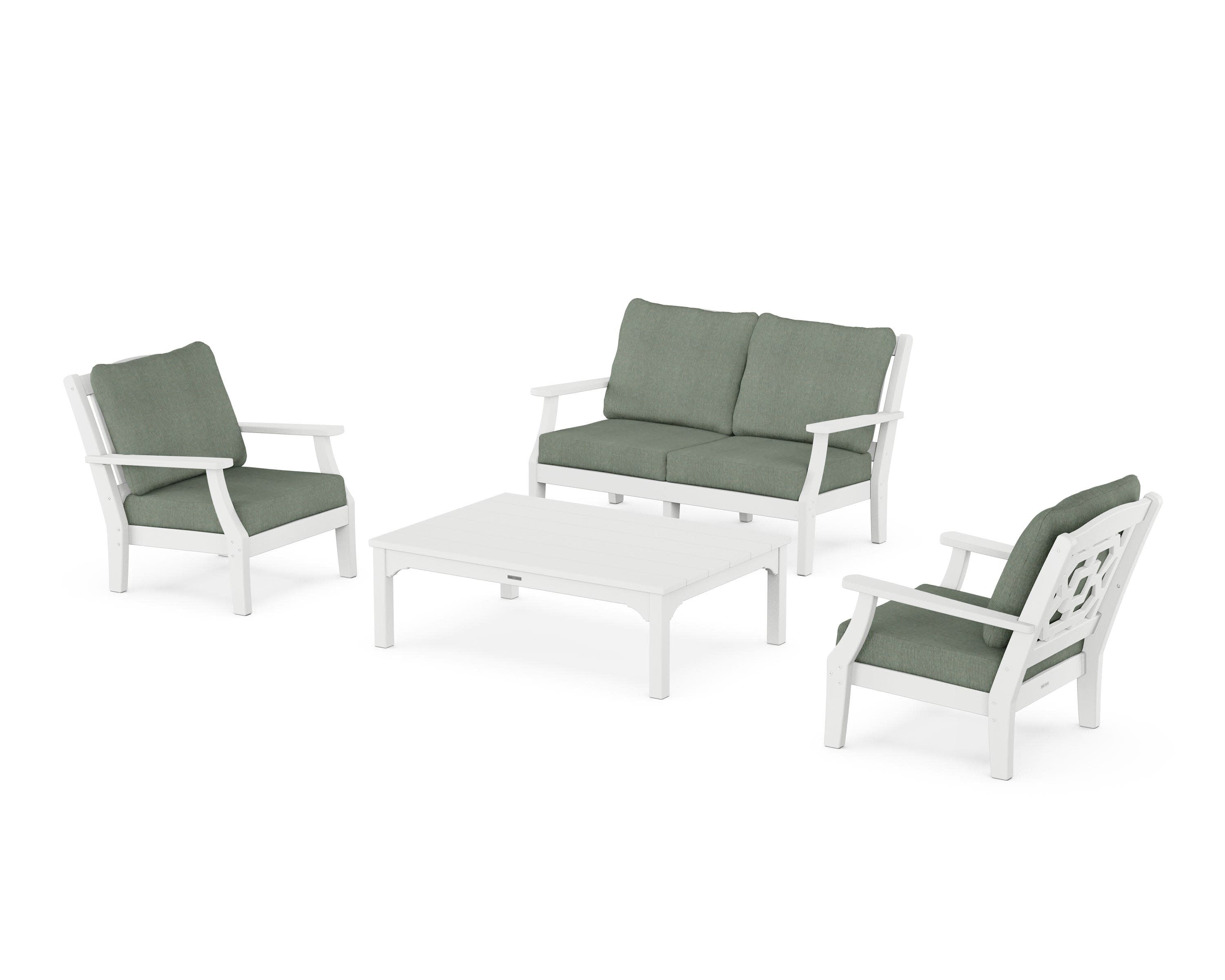 Chinoiserie 4-Piece Deep Seating Set with Loveseat in White / Cast Sage