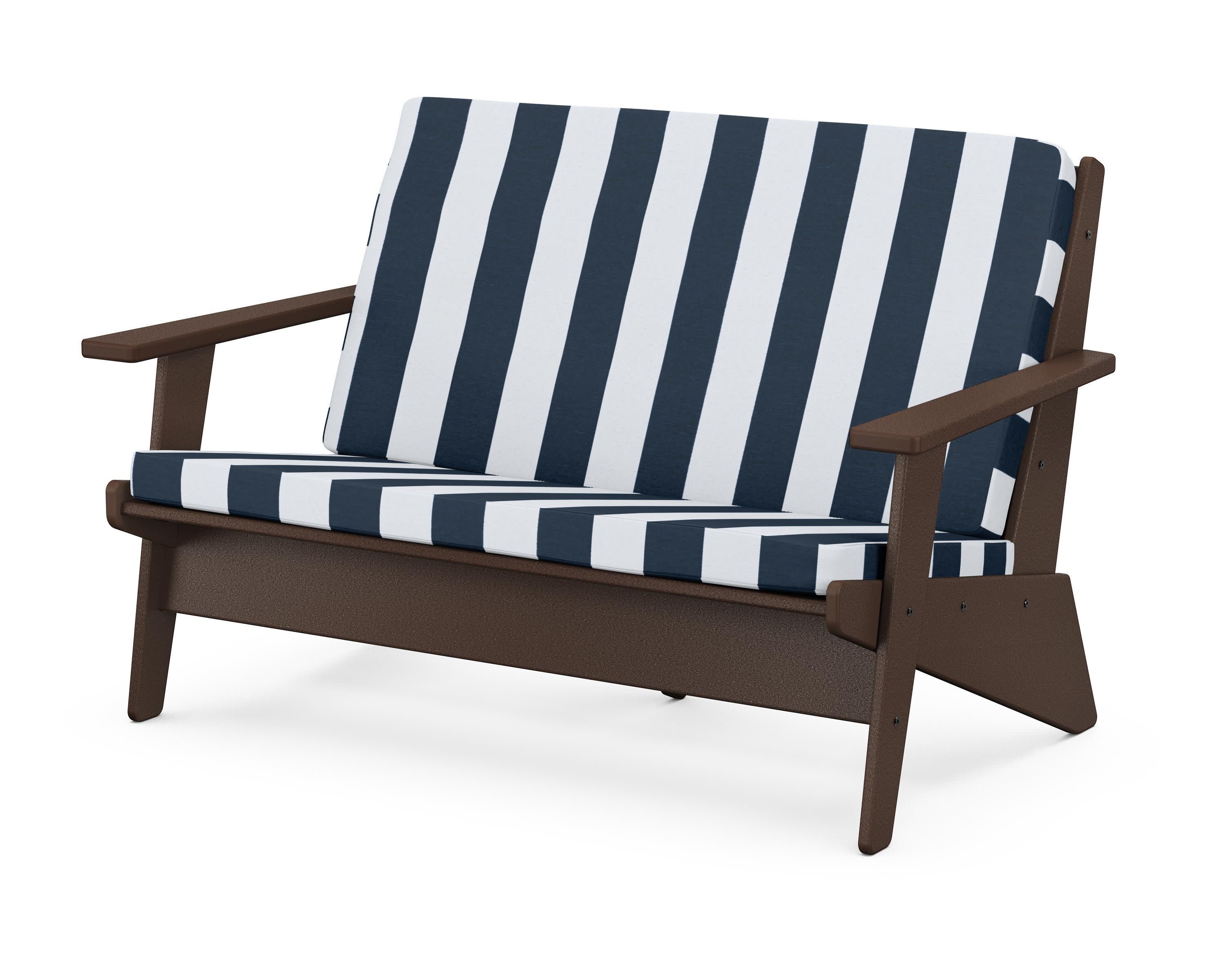 Riviera Modern Lounge Loveseat in Mahogany / Cabana Stripe Marine Indigo