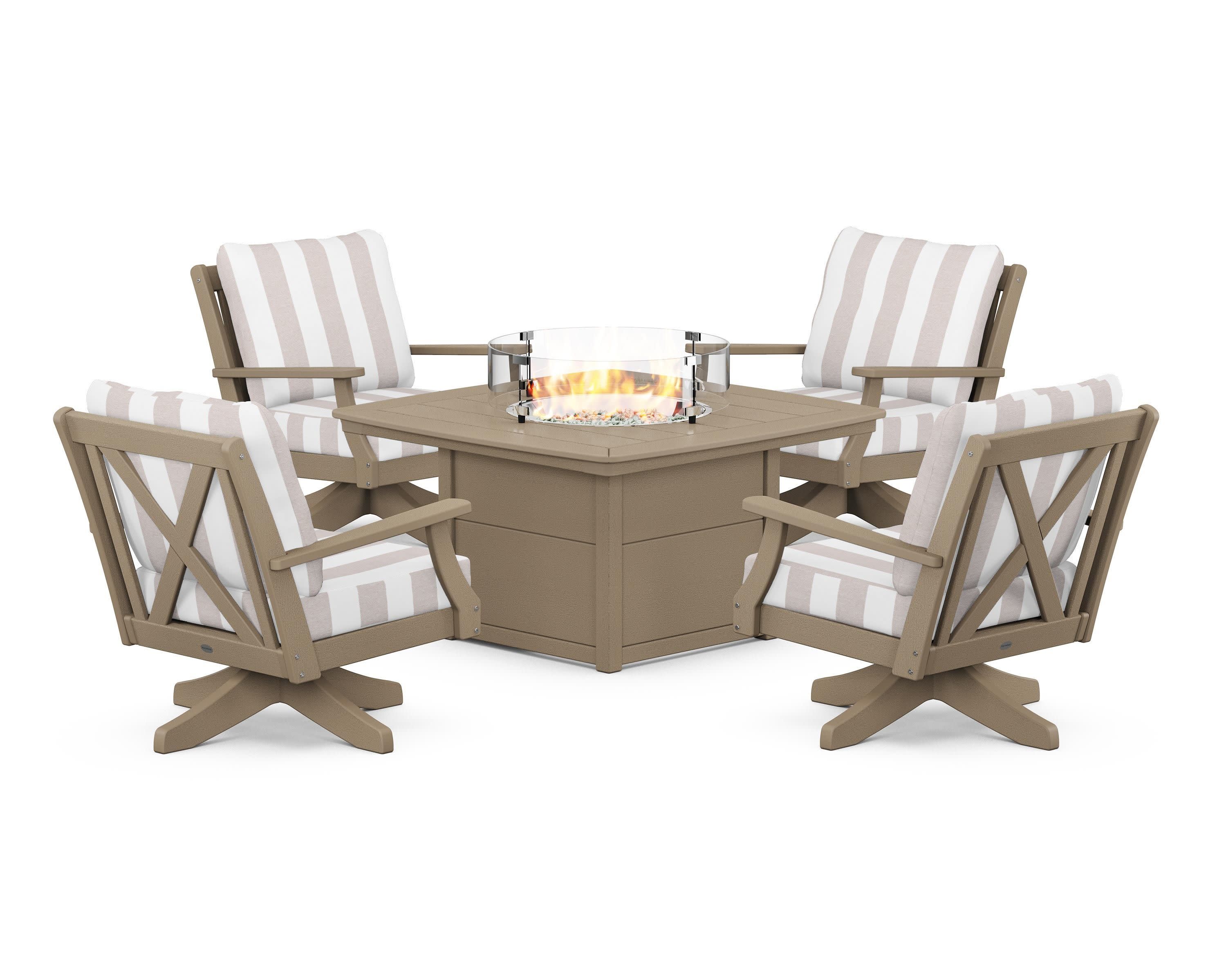 Braxton 5-Piece Deep Seating Swivel Conversation Set with Fire Pit Table in Vintage Sahara / Cabana Stripe Dune Burlap