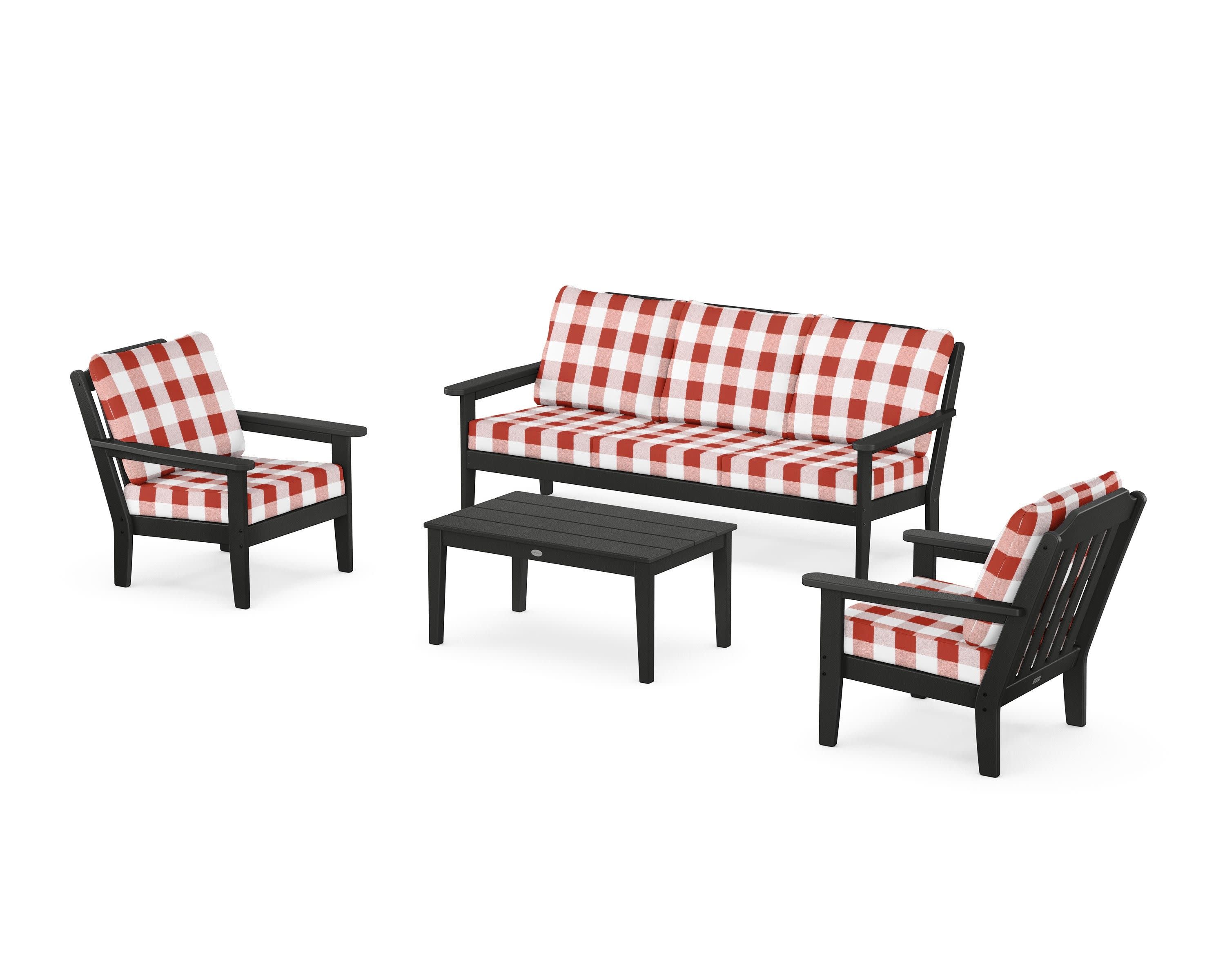 Cottage 4-Piece Deep Seating Set with Sofa in Black / Buffalo Plaid Crimson