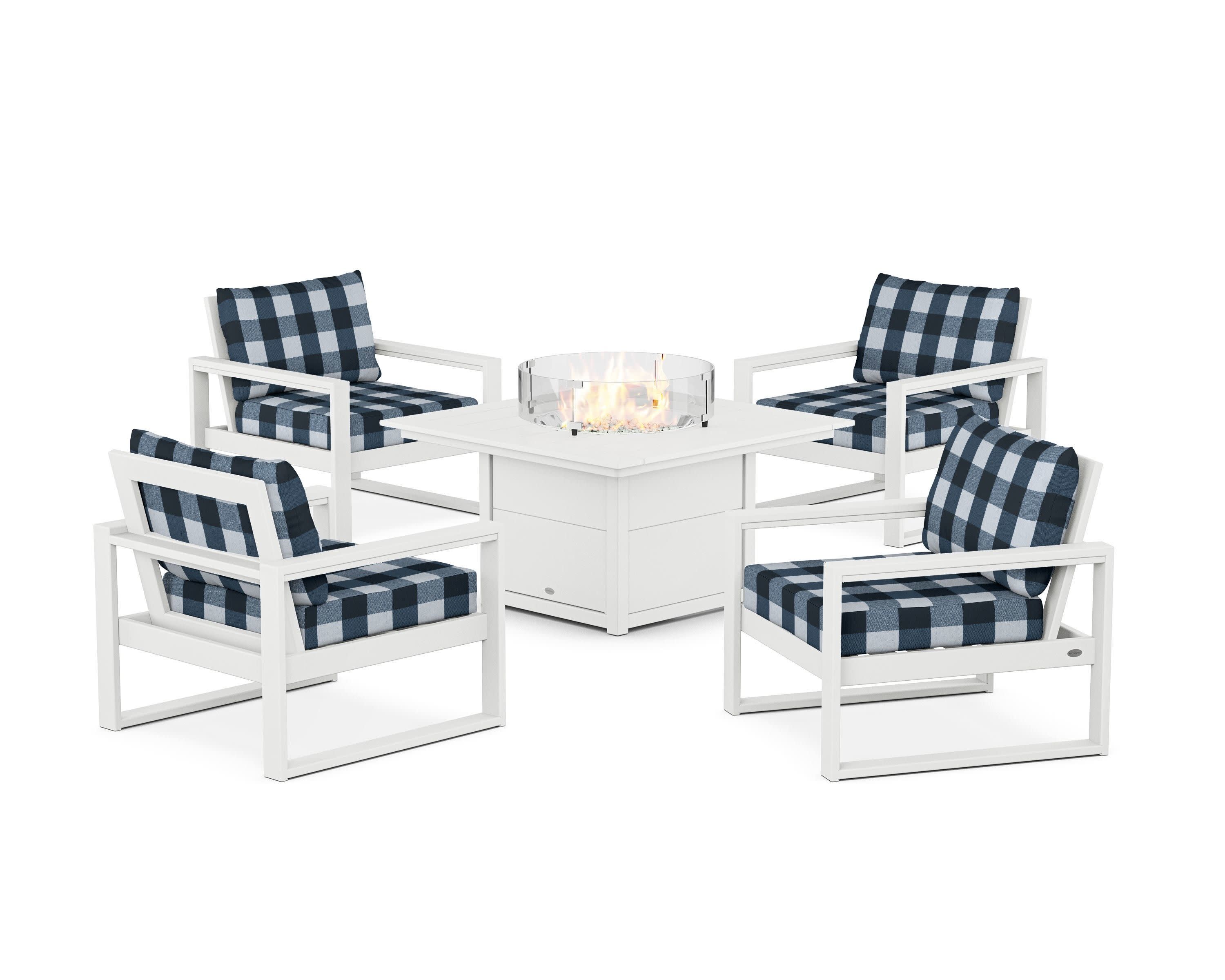 EDGE Sectional 5-Piece Deep Seating Set with Fire Pit Table in White / Buffalo Plaid Marine Indigo