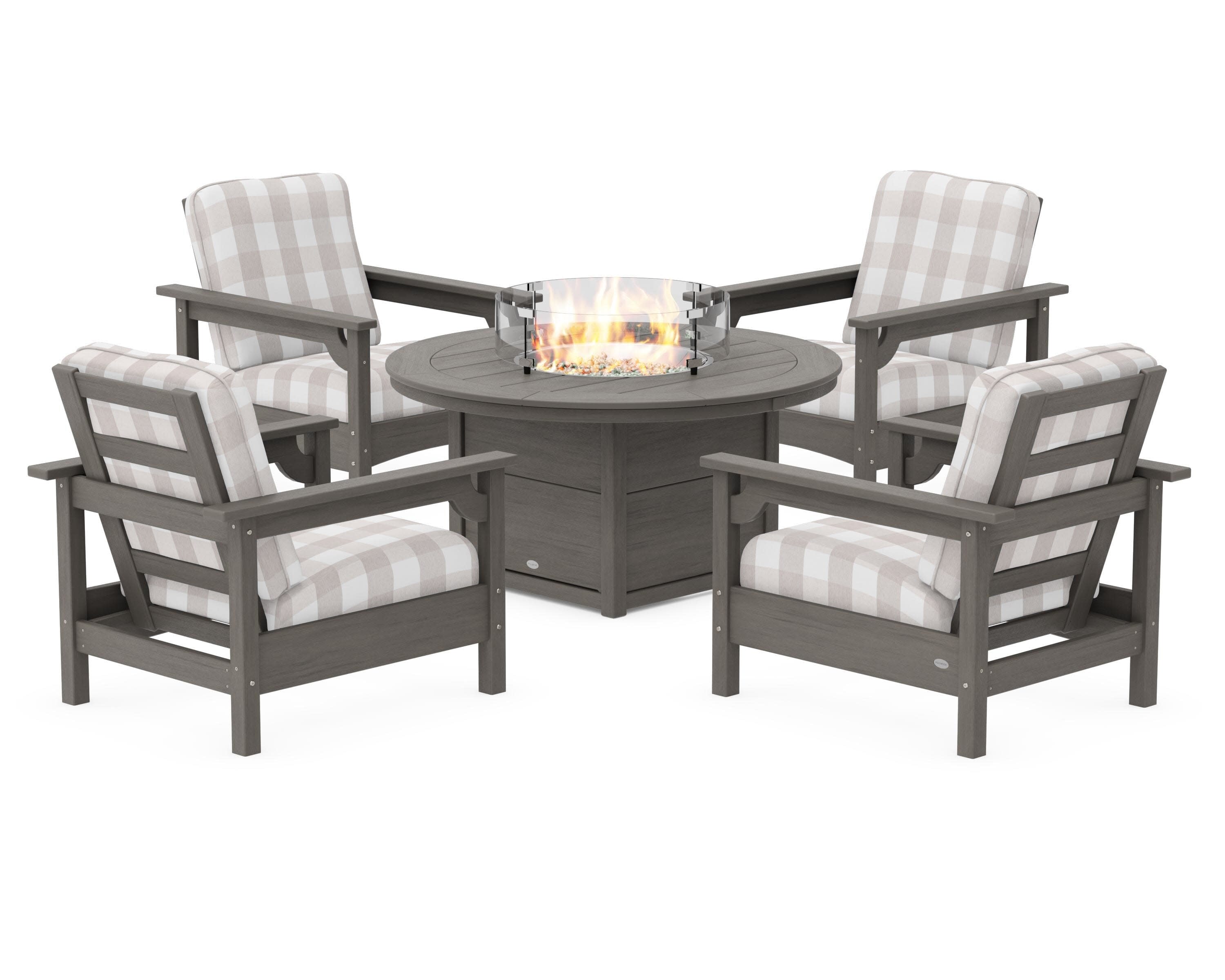 Club 5-Piece Conversation Set with Fire Pit Table in Driftwood / Buffalo Plaid Dune Burlap