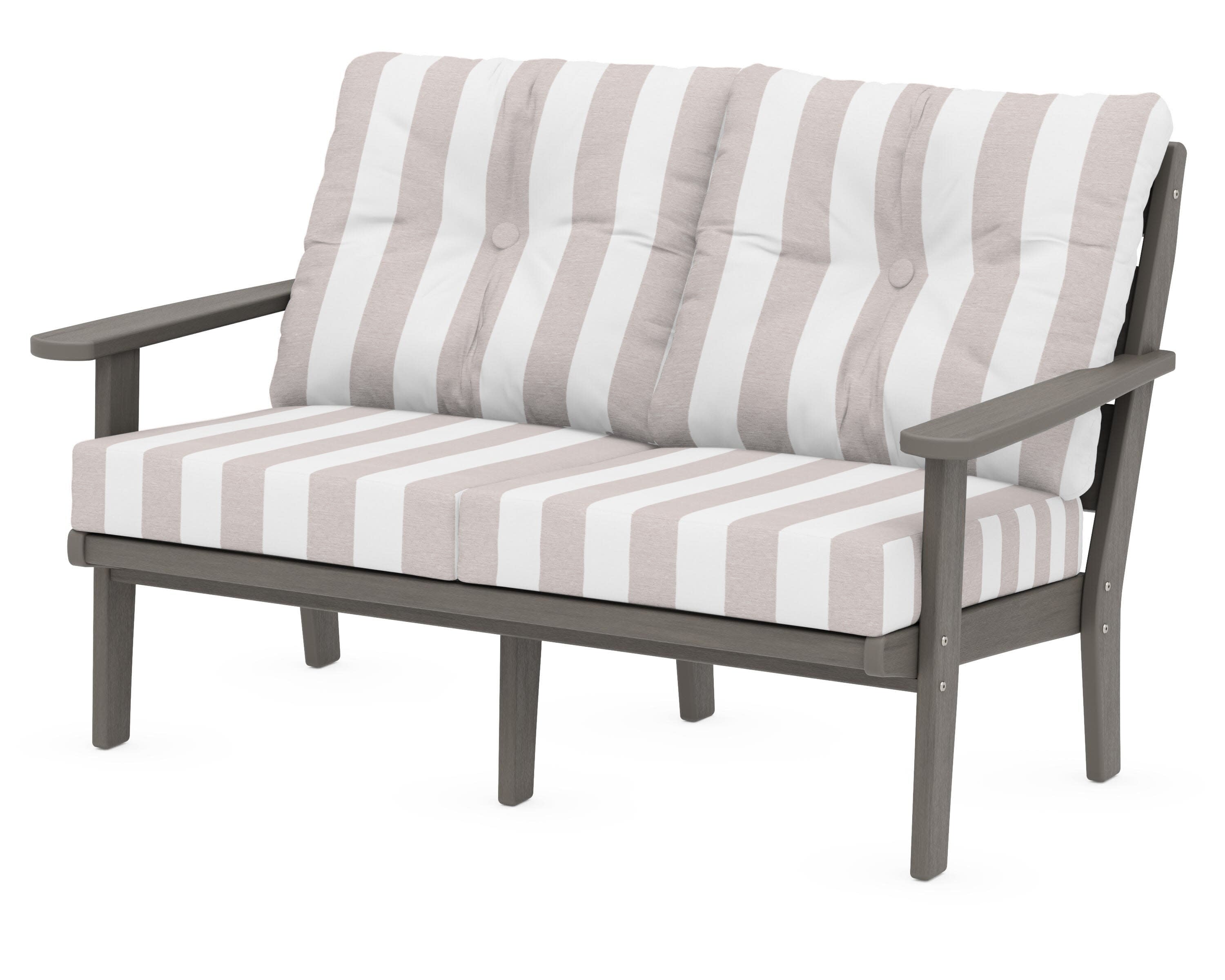 Lakeside Deep Seating Loveseat in Driftwood / Cabana Stripe Dune Burlap