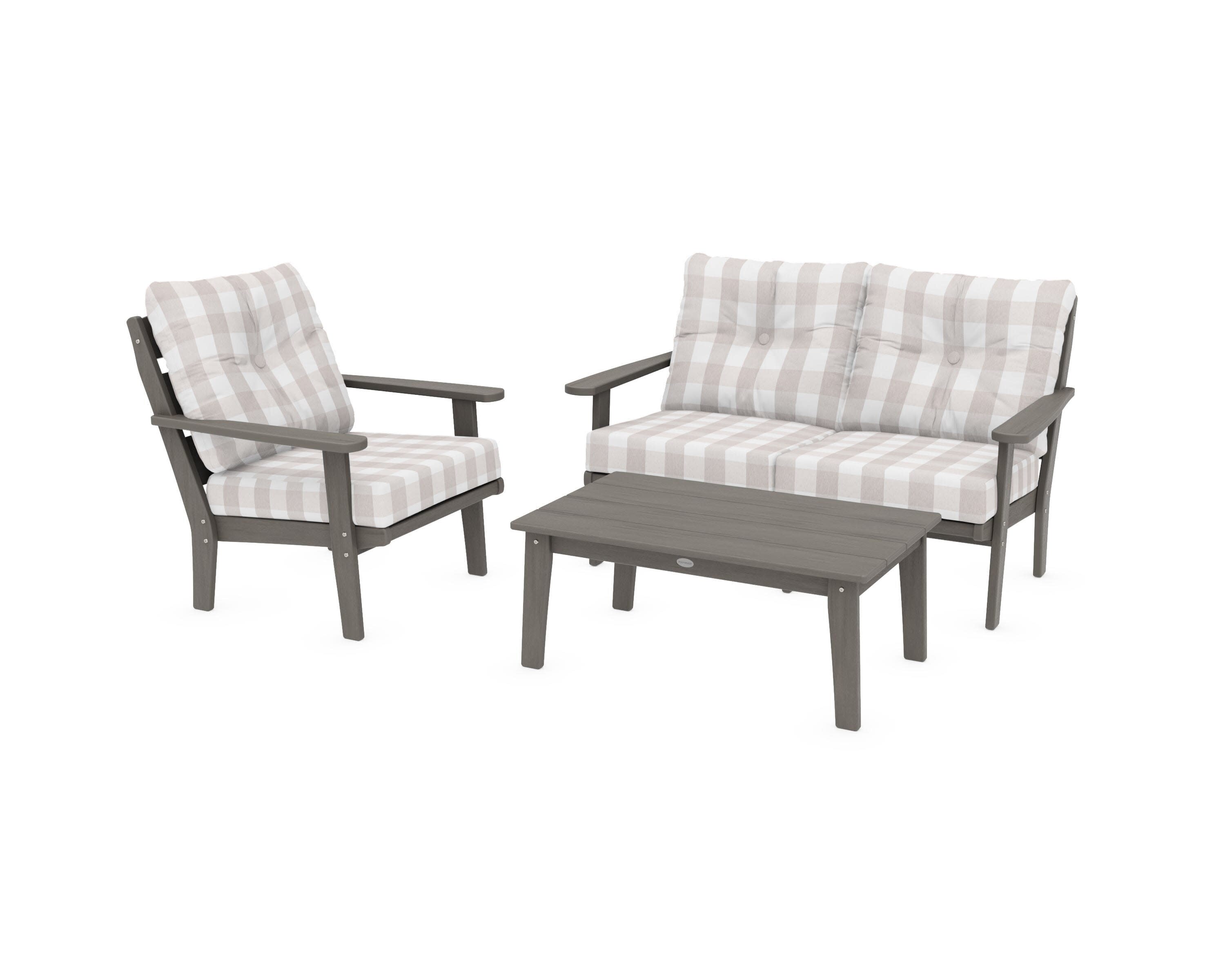Lakeside 3-Piece Deep Seating Set in Driftwood / Buffalo Plaid Dune Burlap