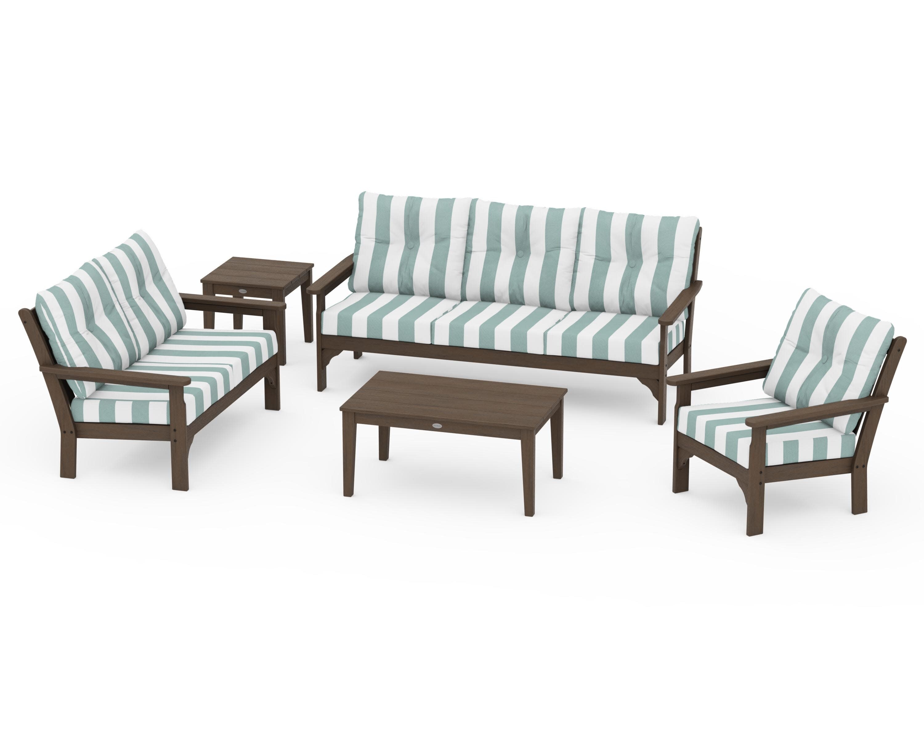 Vineyard 5 Piece Deep Seating Set in Kona / Cabana Stripe Glacier Spa